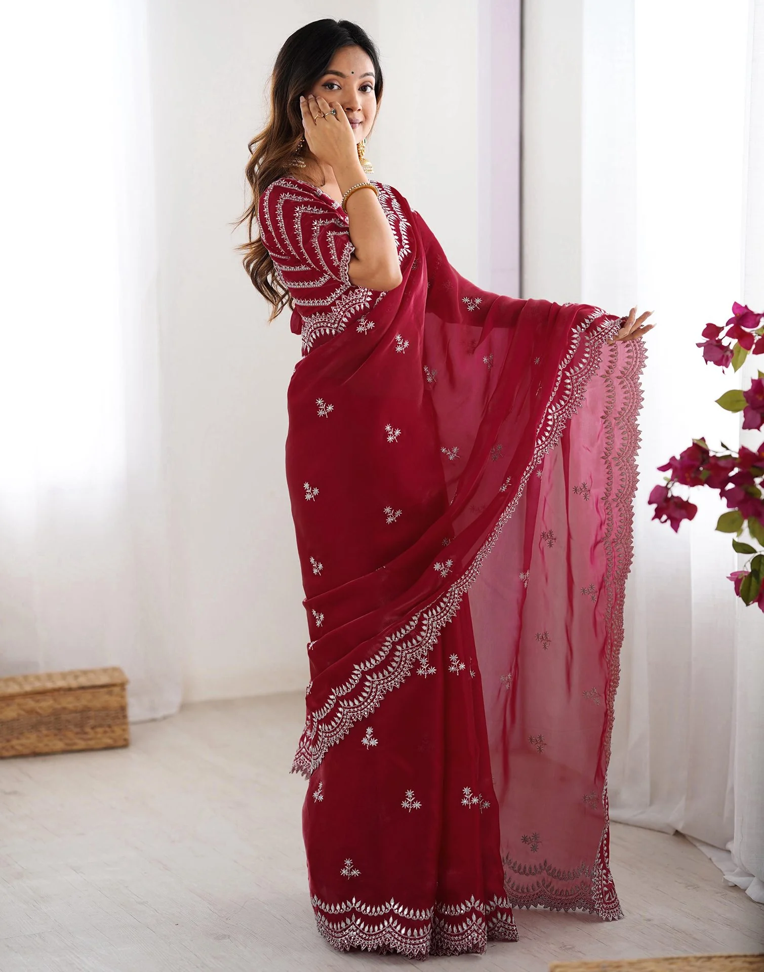 Cherry Red Tissue Silk Sequence Embroidery Saree - Image 4