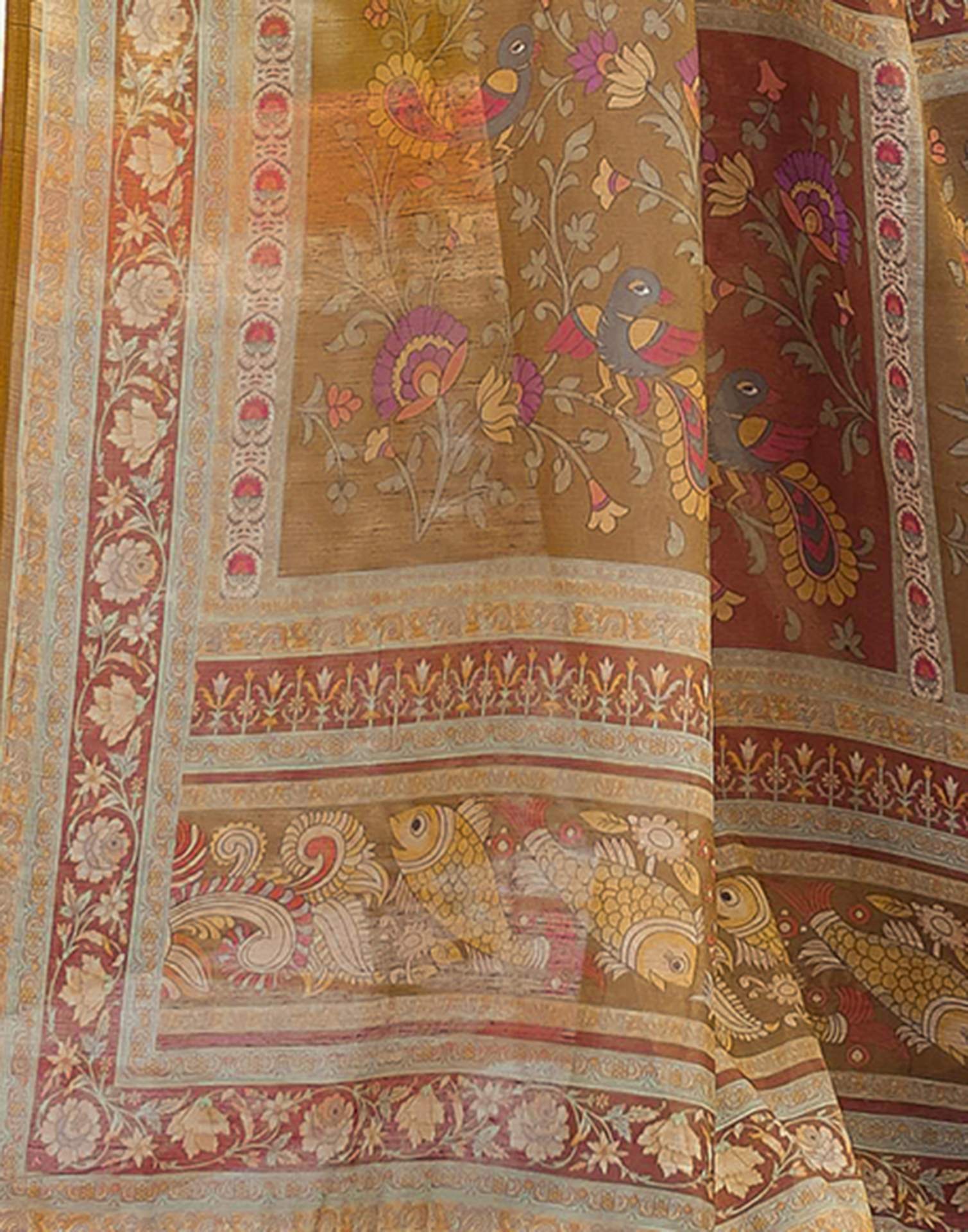 Chestnut Brown Linen Floral Printed Saree - Image 7