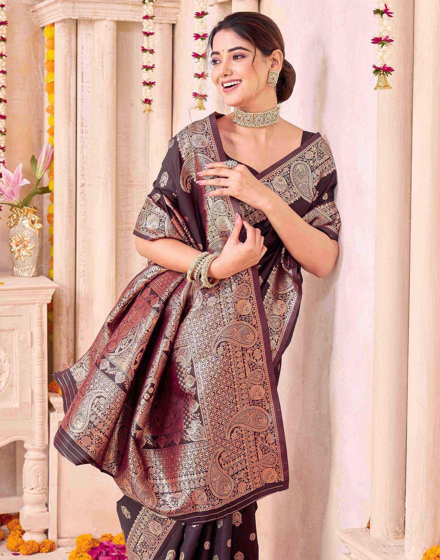 Coffee Brown Silk Woven Saree - Image 2