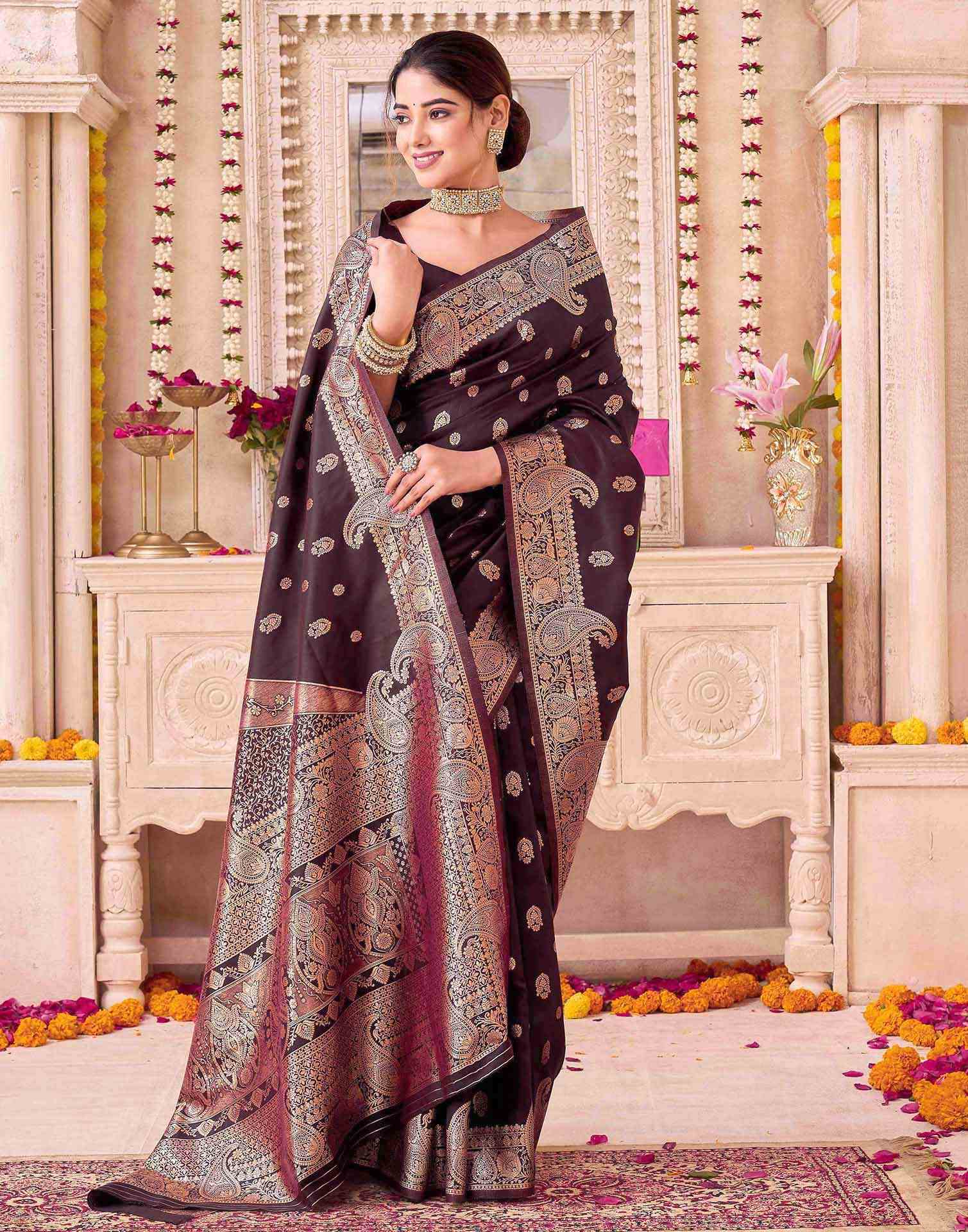 Coffee Brown Silk Woven Saree - Image 4