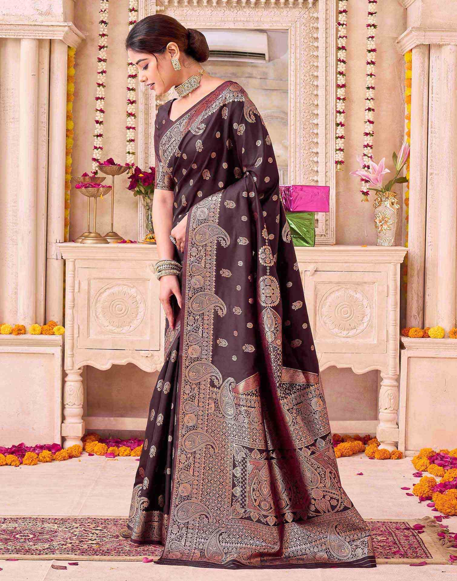 Coffee Brown Silk Woven Saree - Image 5