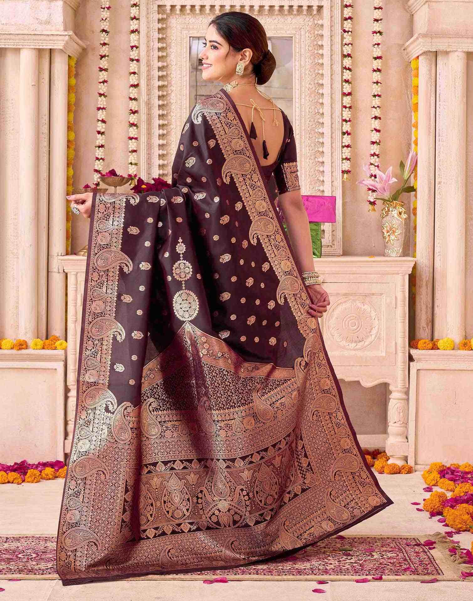 Coffee Brown Silk Woven Saree - Image 6