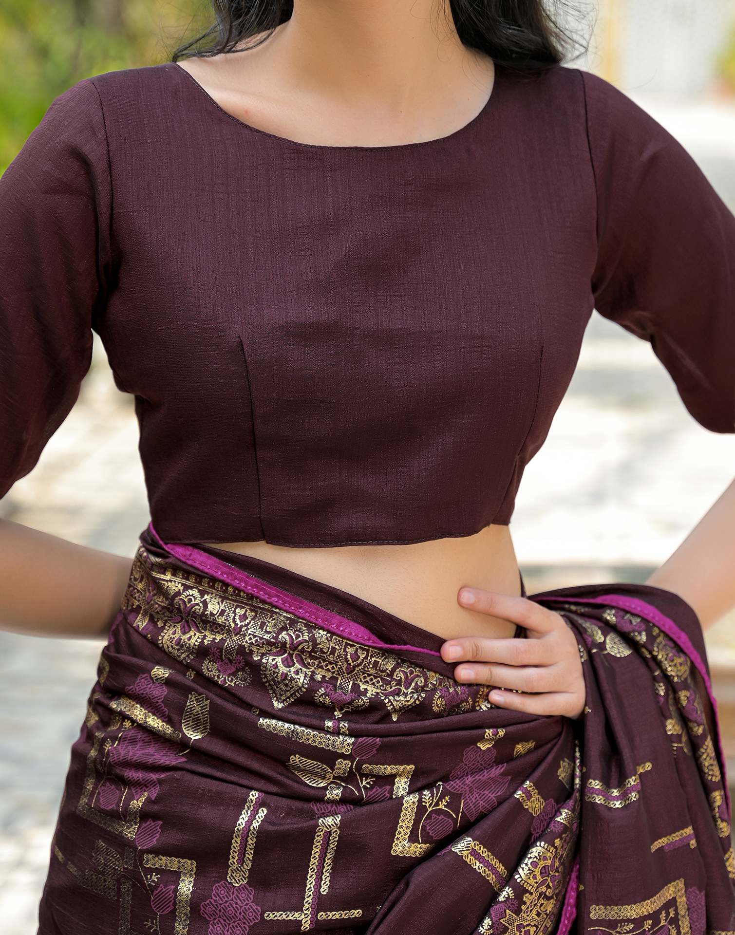 Coffee Brown Vichitra Silk Foil Printed Saree - Image 11