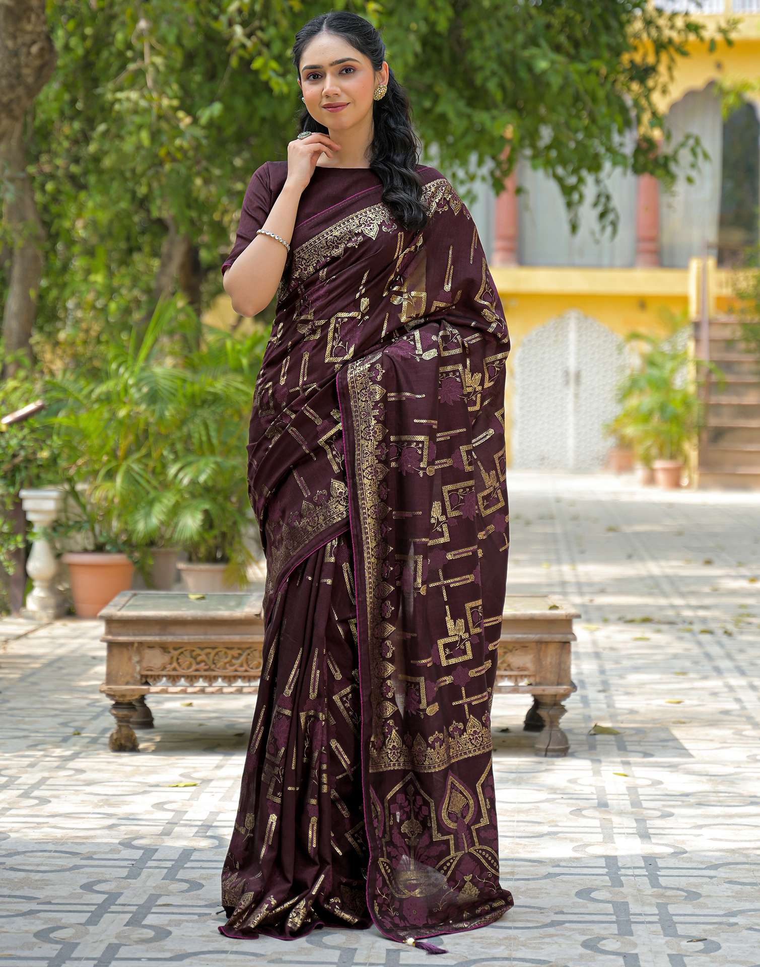 Coffee Brown Vichitra Silk Foil Printed Saree - Image 8