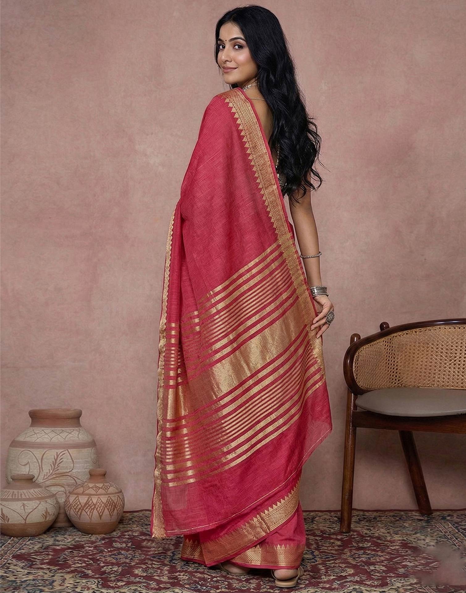 Coral Peach Cotton Silk Woven Border Saree - Image 5