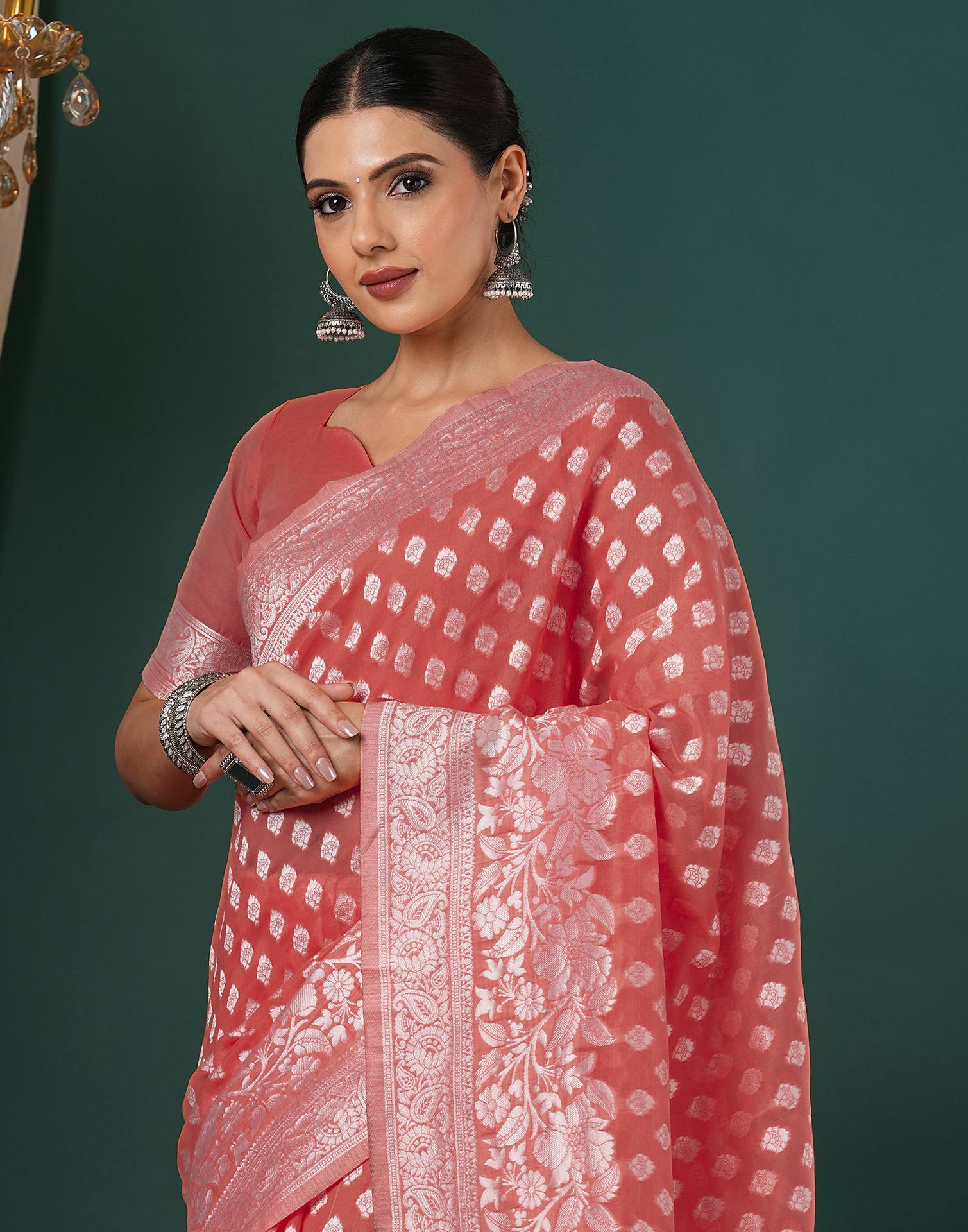 Coral Pink Chanderi Woven Saree - Image 2