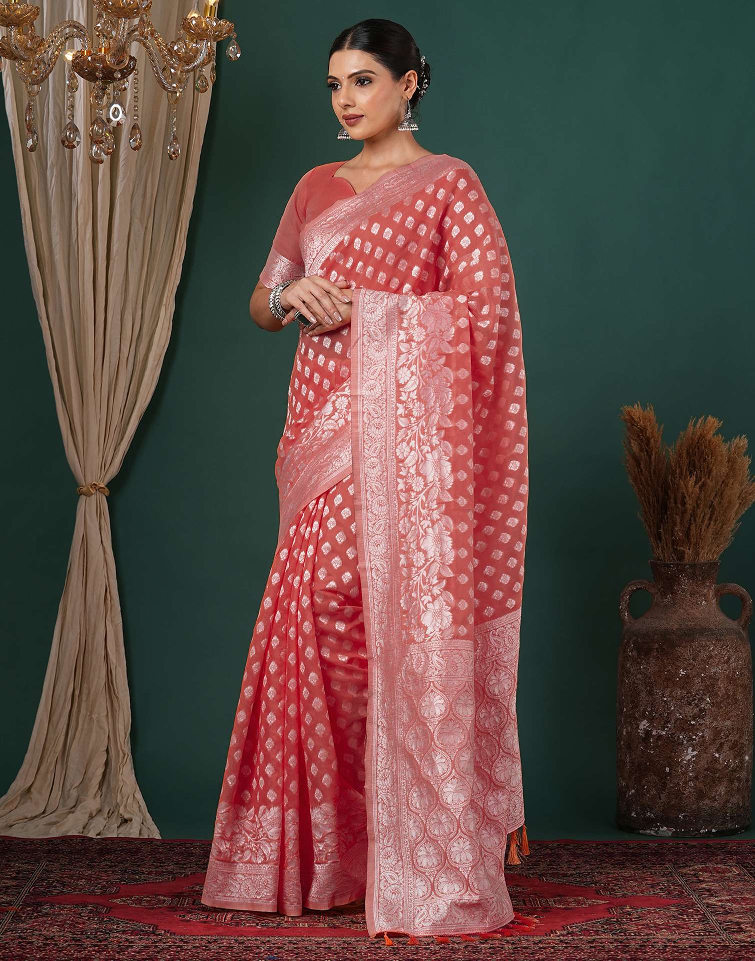 Coral Pink Chanderi Woven Saree - Image 4