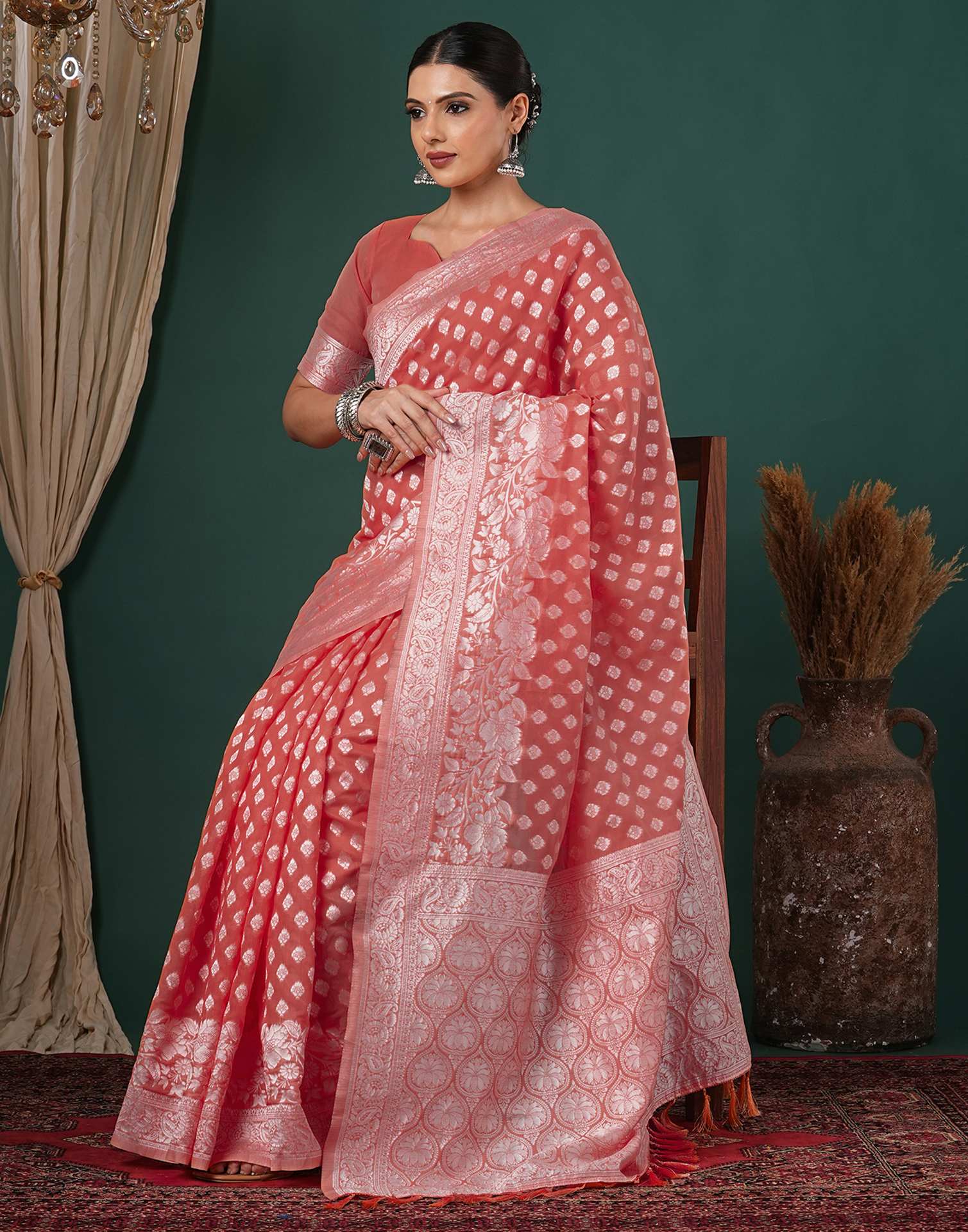 Coral Pink Chanderi Woven Saree - Image 5