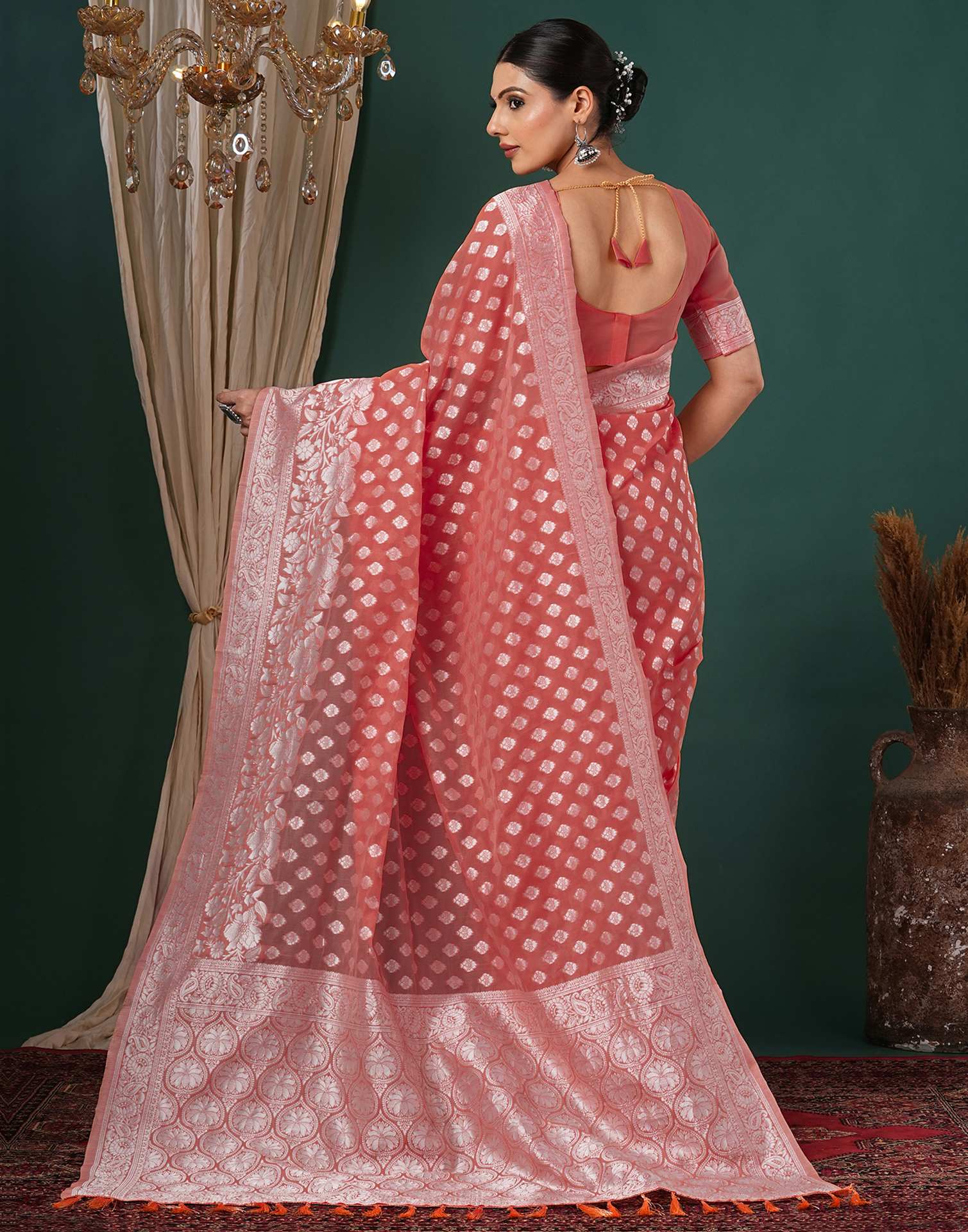 Coral Pink Chanderi Woven Saree - Image 6