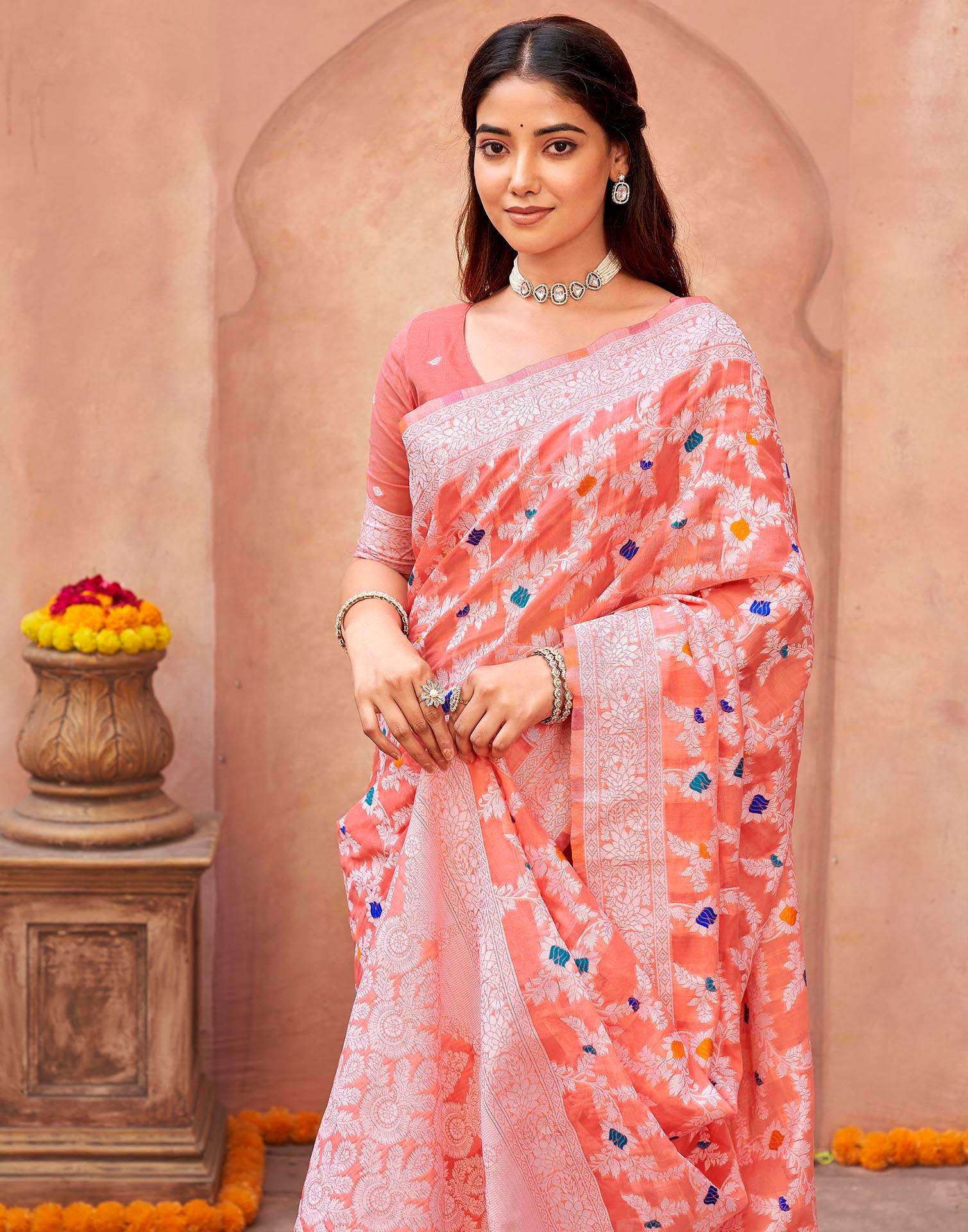Coral Pink Chanderi Woven Saree - Image 2