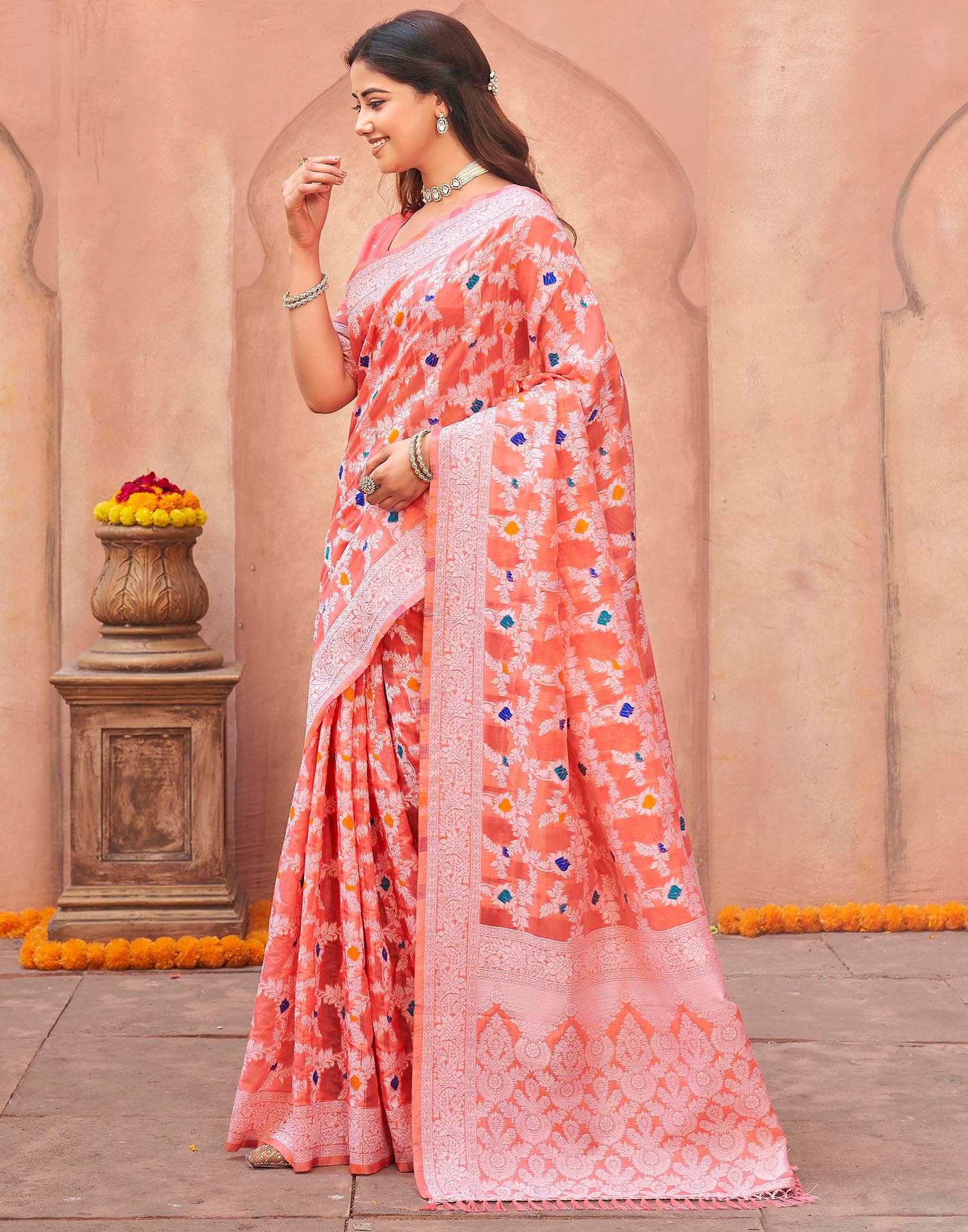Coral Pink Chanderi Woven Saree - Image 4