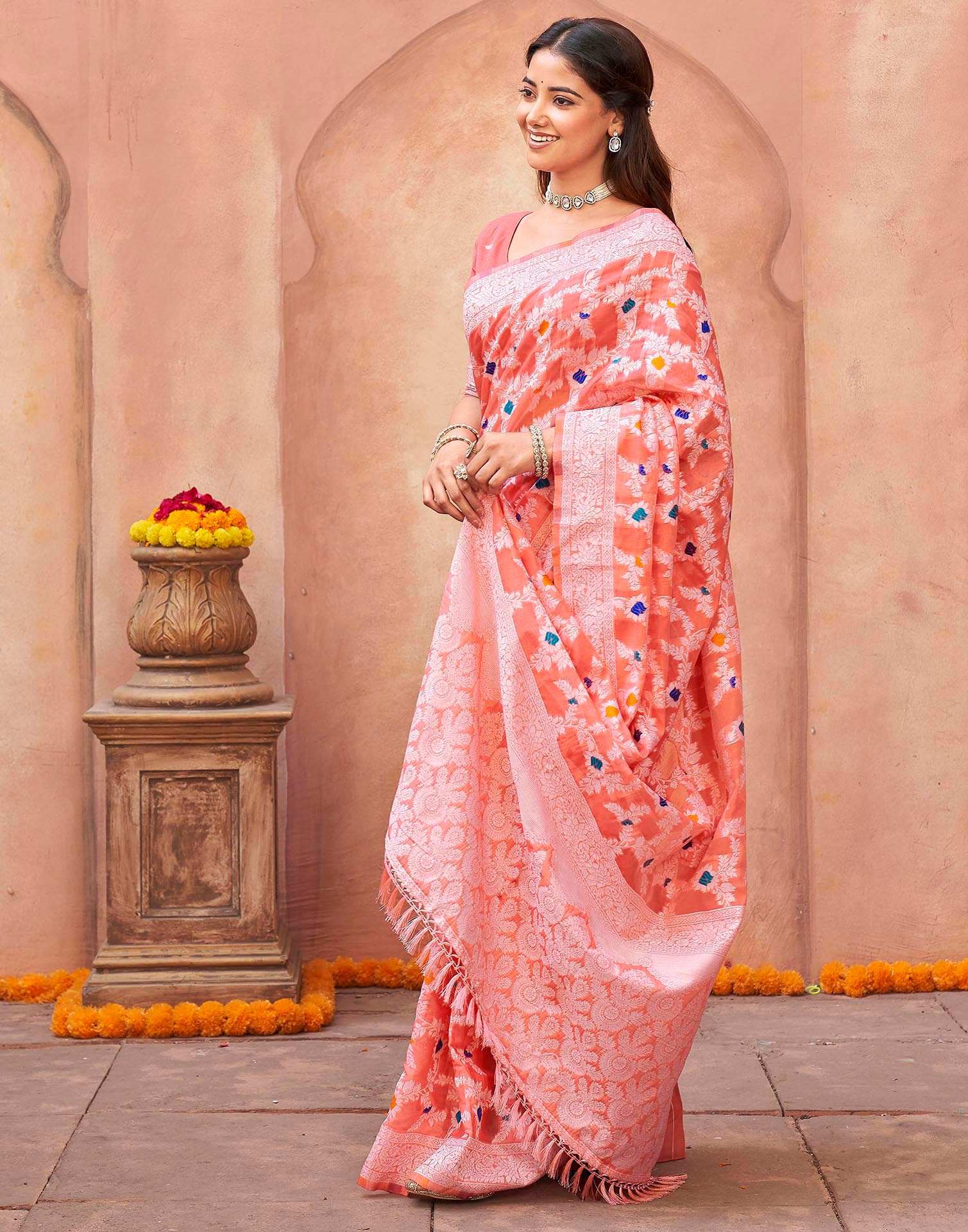 Coral Pink Chanderi Woven Saree - Image 5