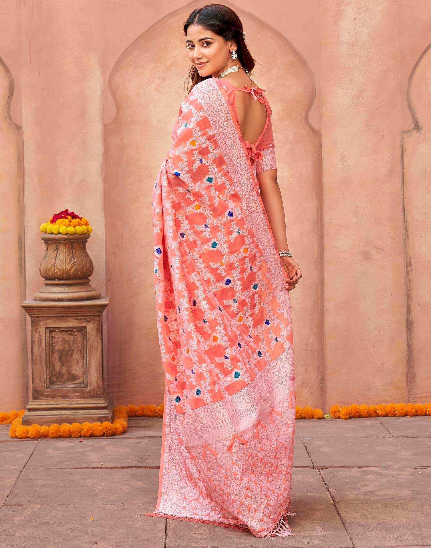 Coral Pink Chanderi Woven Saree - Image 6