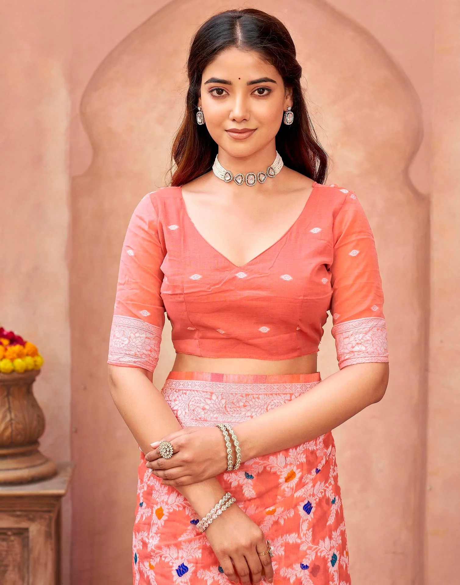 Coral Pink Chanderi Woven Saree - Image 7