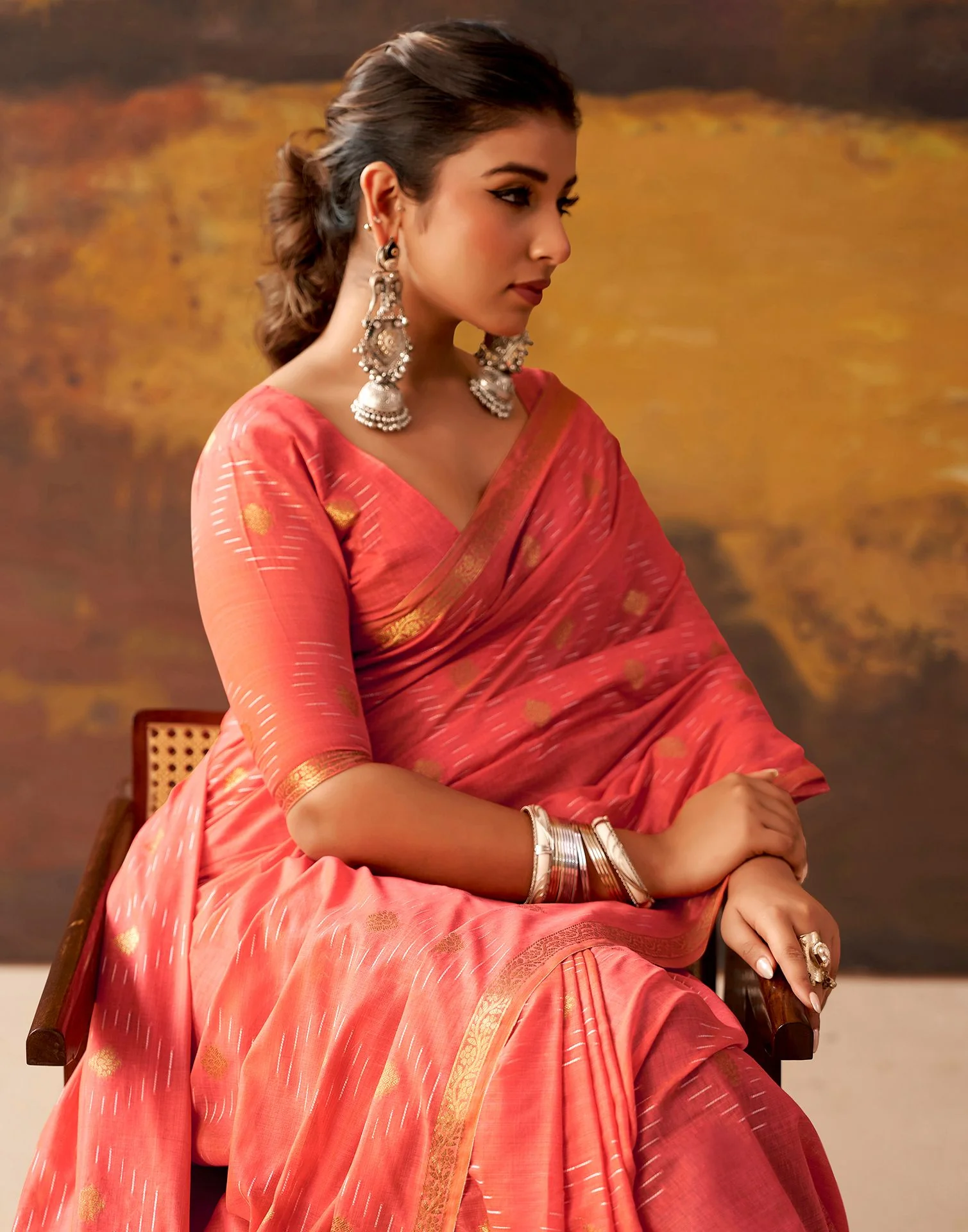 Coral Pink Cotton Chanderi Woven Saree - Image 2