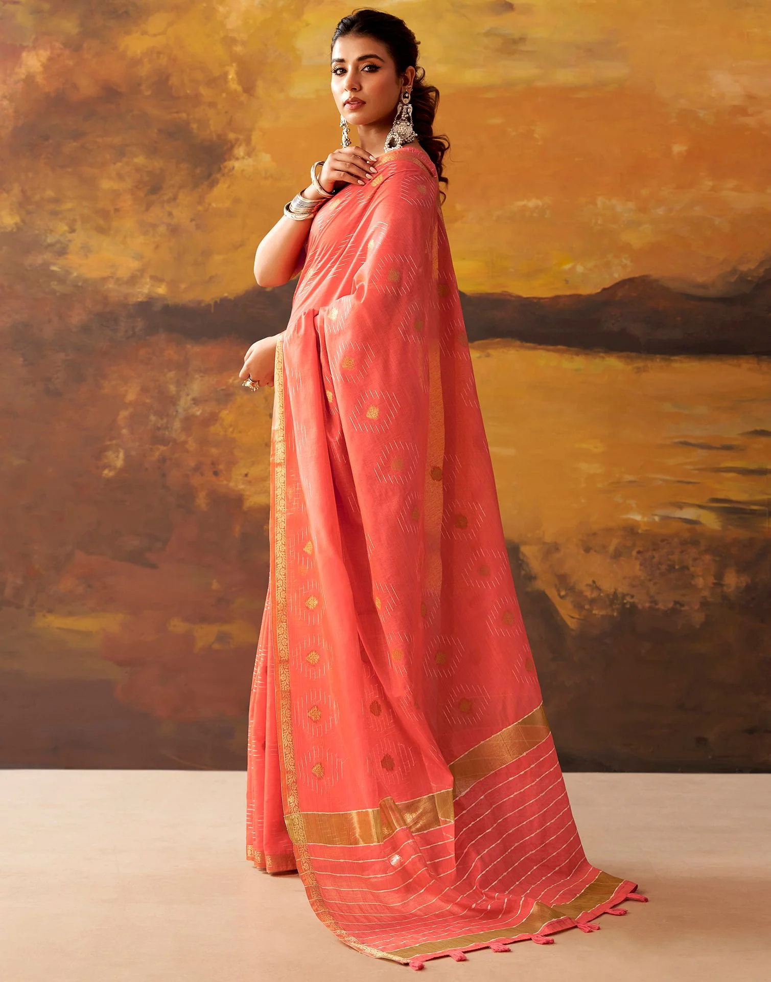 Coral Pink Cotton Chanderi Woven Saree - Image 5
