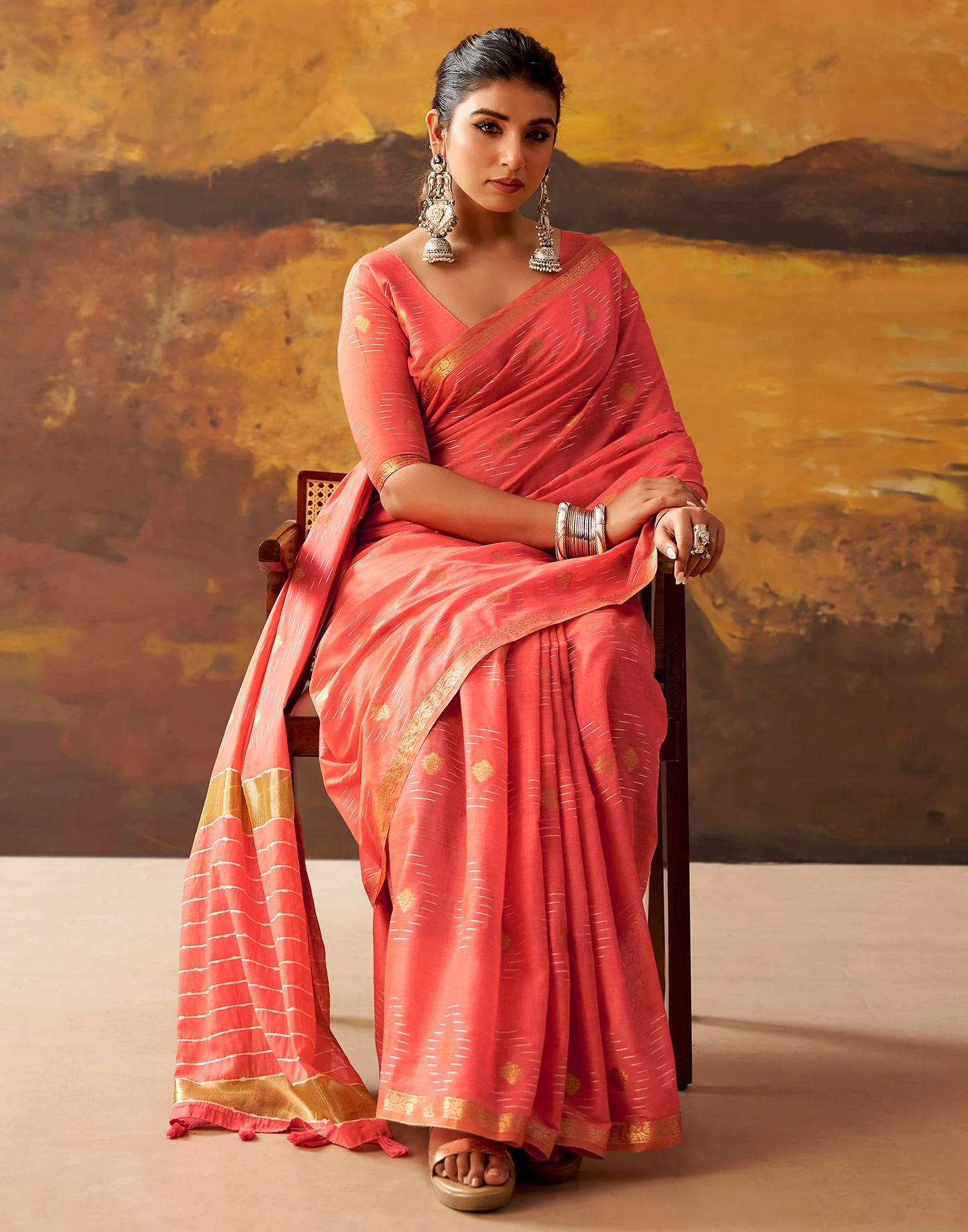 Coral Pink Cotton Chanderi Woven Saree - Image 6