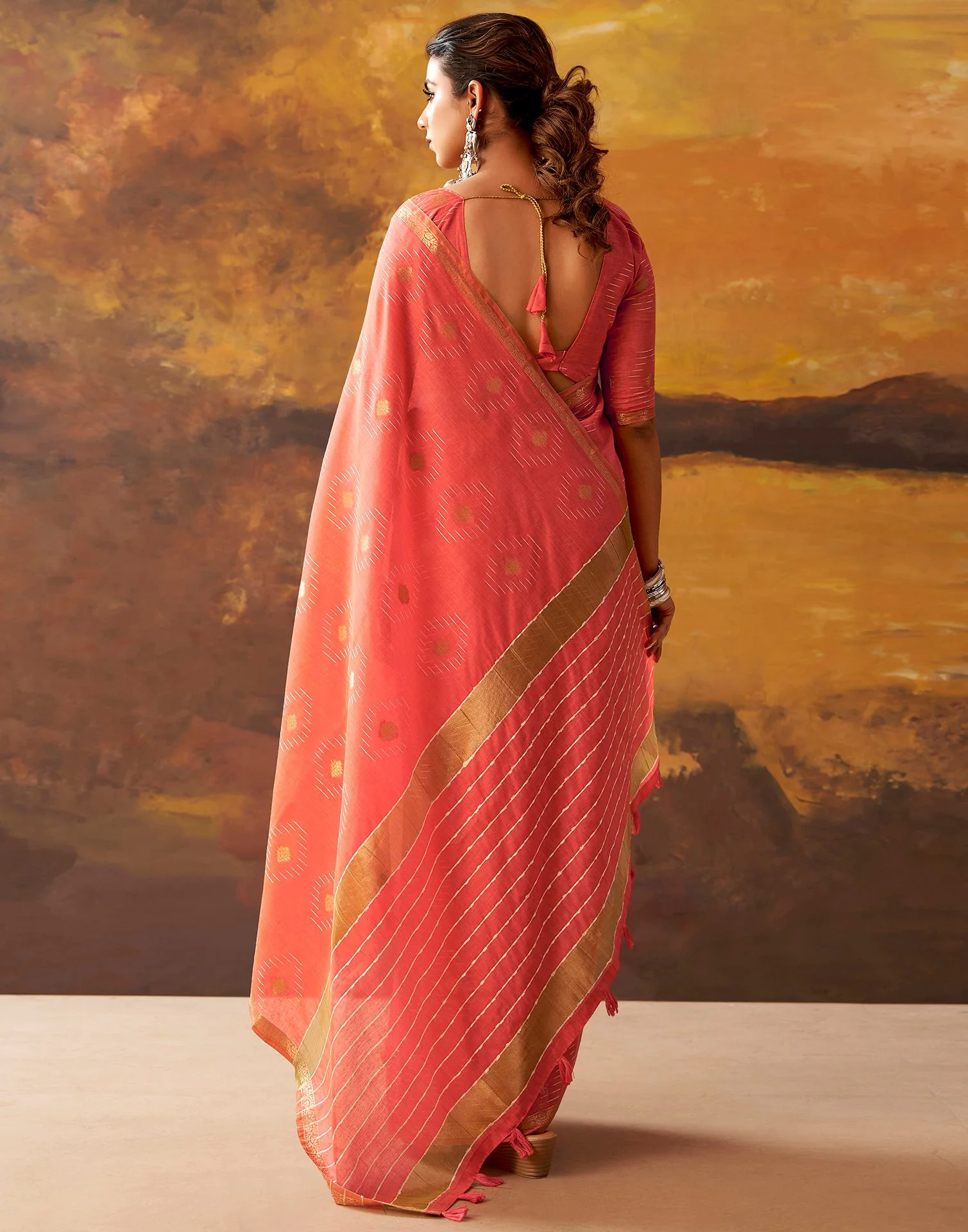 Coral Pink Cotton Chanderi Woven Saree - Image 7