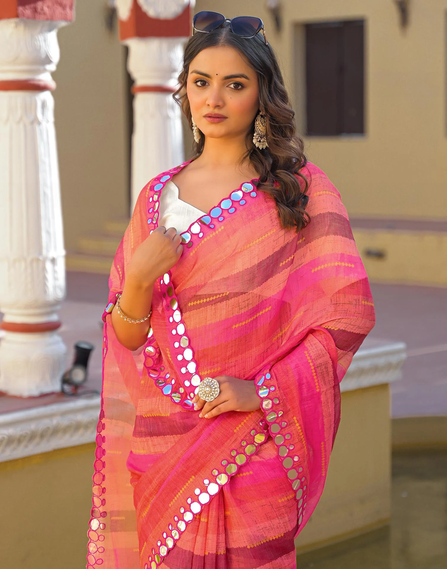 Coral Pink Cotton Linen Printed Saree - Image 3