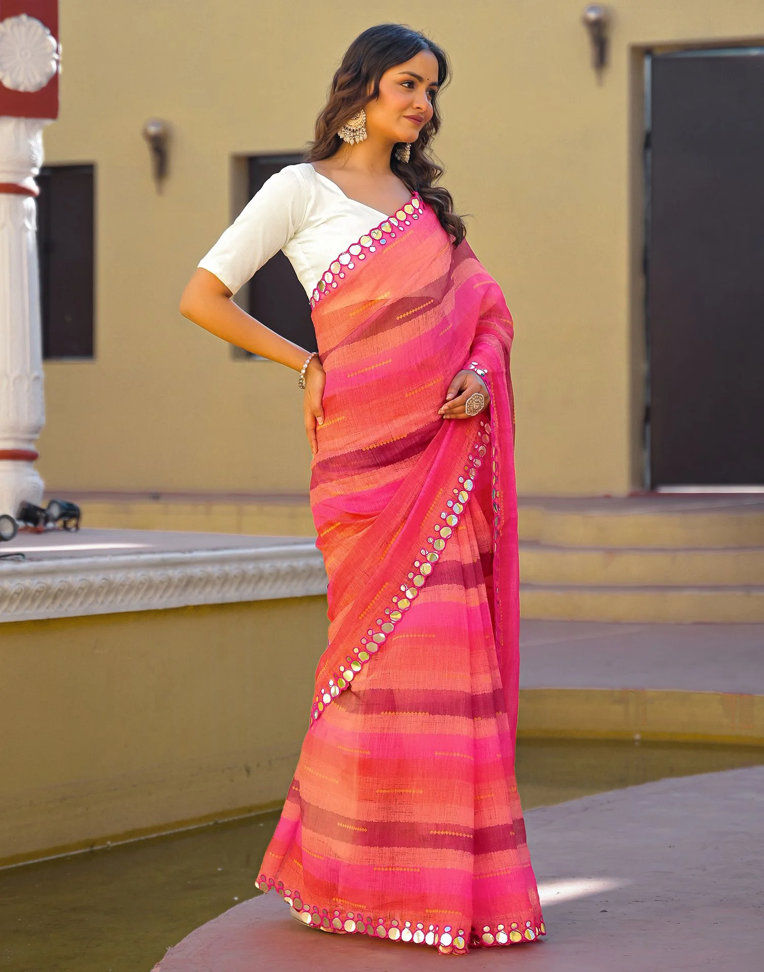 Coral Pink Cotton Linen Printed Saree - Image 6