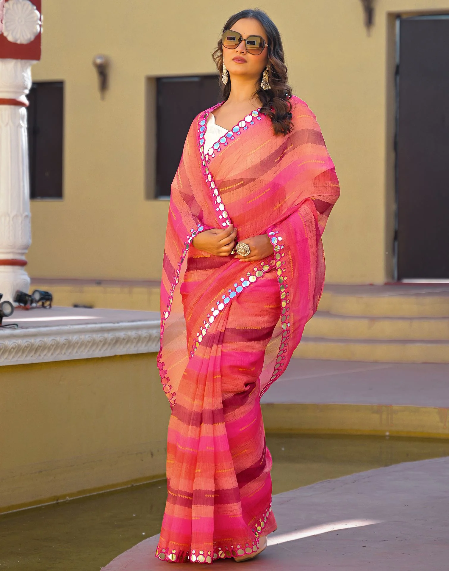 Coral Pink Cotton Linen Printed Saree - Image 7
