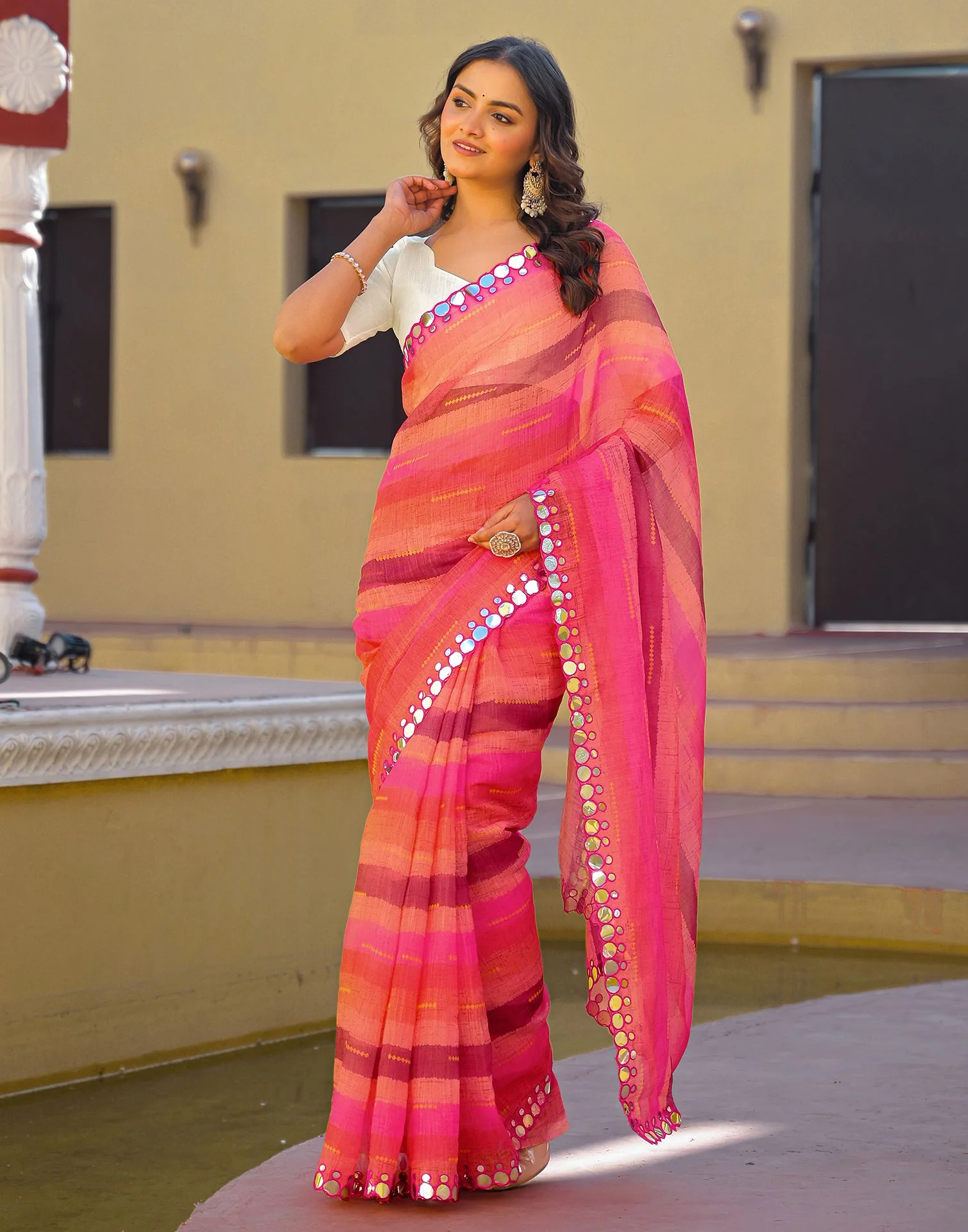Coral Pink Cotton Linen Printed Saree - Image 8