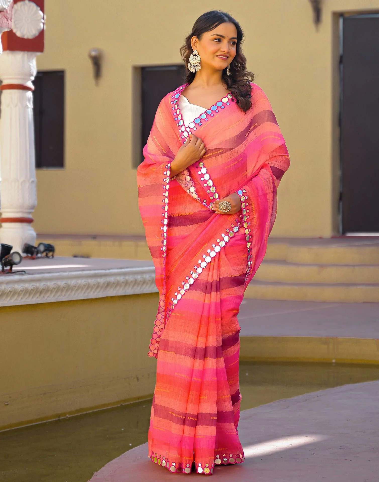 Coral Pink Cotton Linen Printed Saree - Image 9