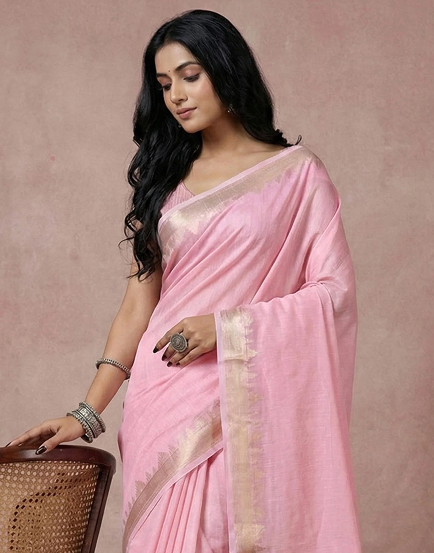 Coral Pink Cotton Silk Woven Border Saree - Image 2