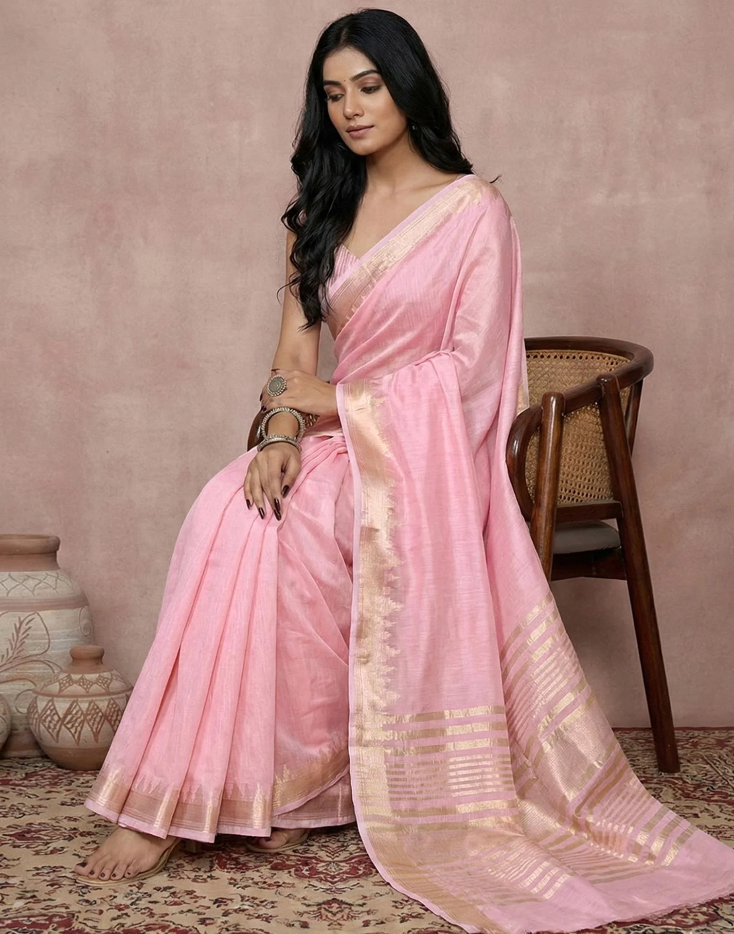 Coral Pink Cotton Silk Woven Border Saree - Image 5