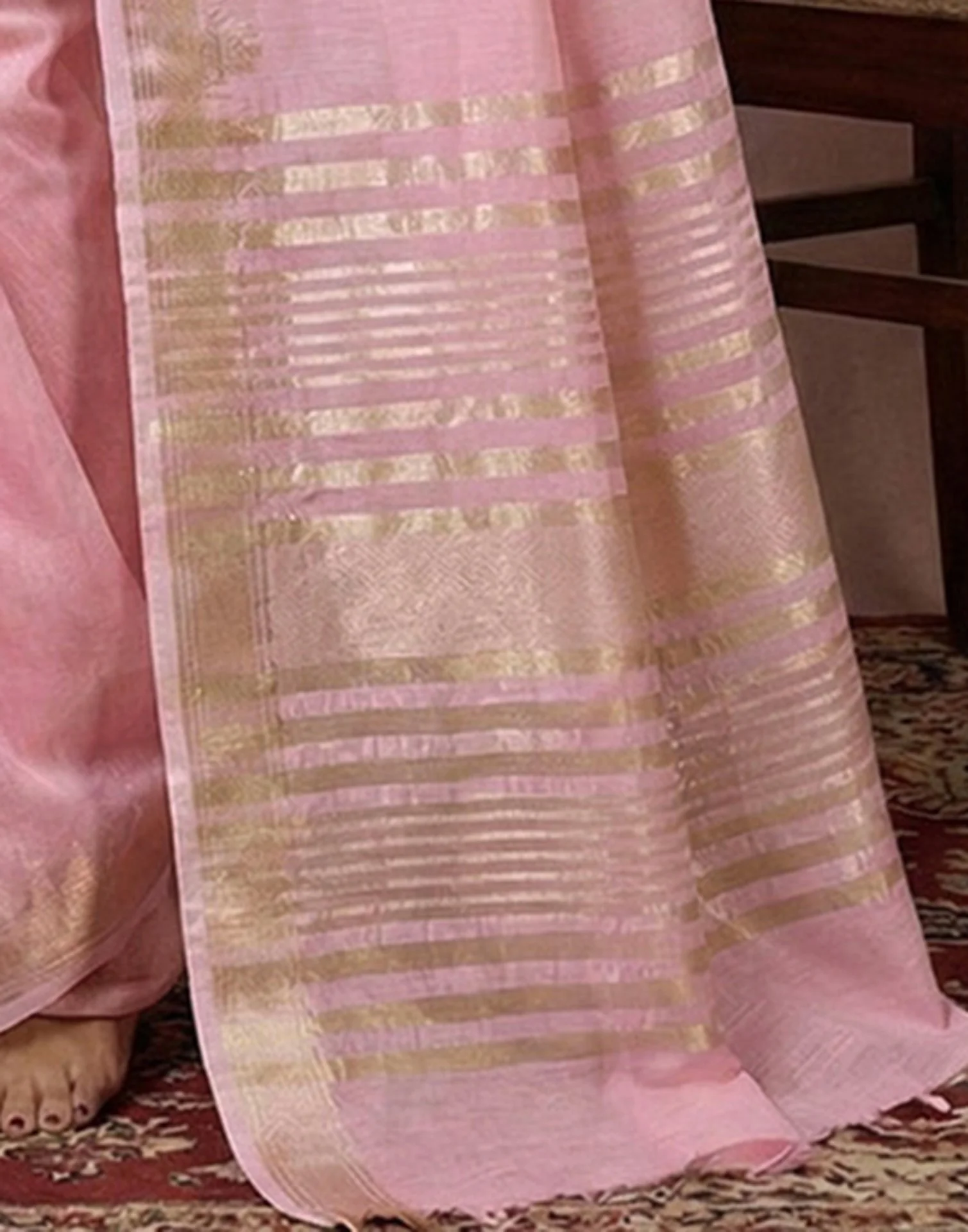 Coral Pink Cotton Silk Woven Border Saree - Image 6