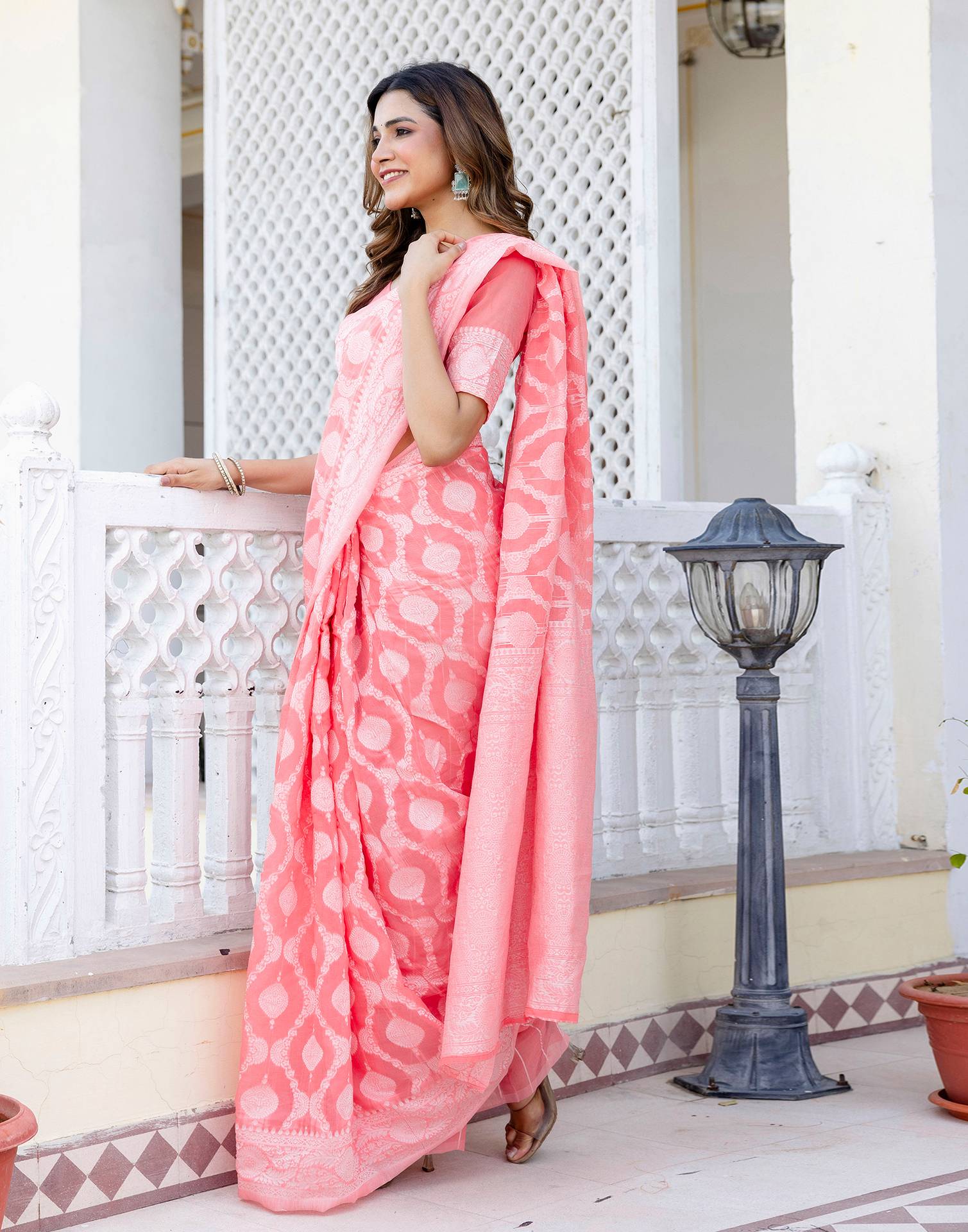 Coral Pink Cotton Woven Saree - Image 9