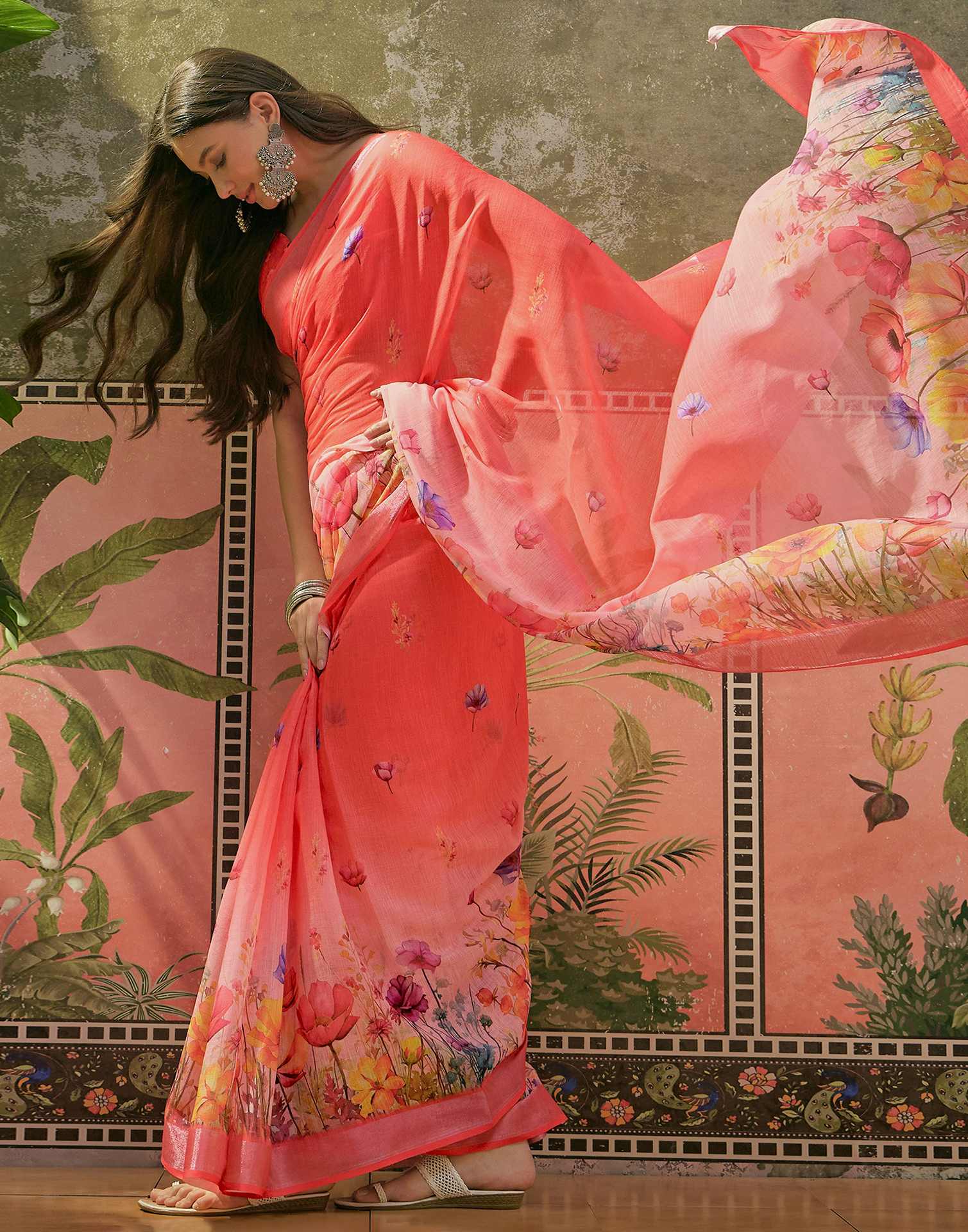 Coral Pink Linen Floral Printed Saree - Image 5