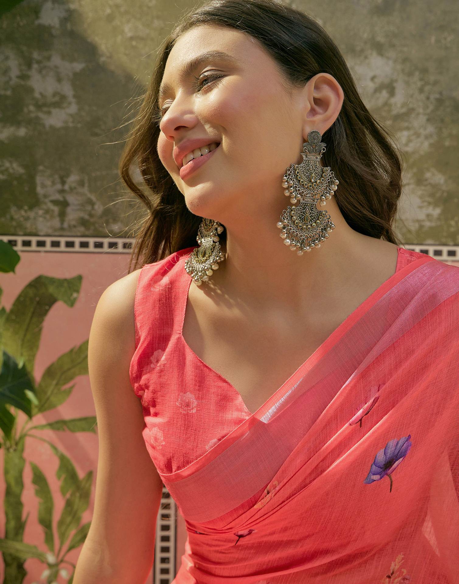 Coral Pink Linen Floral Printed Saree - Image 7