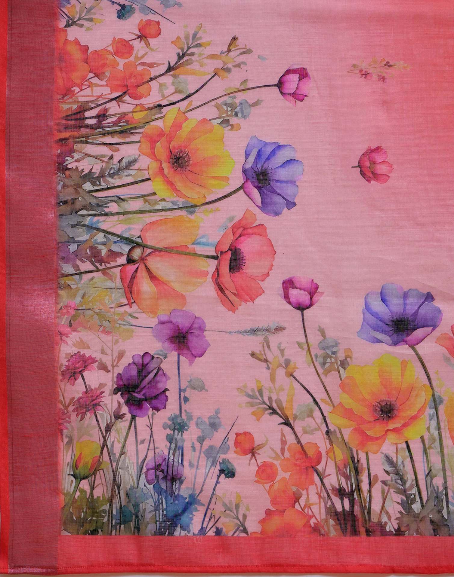 Coral Pink Linen Floral Printed Saree - Image 9