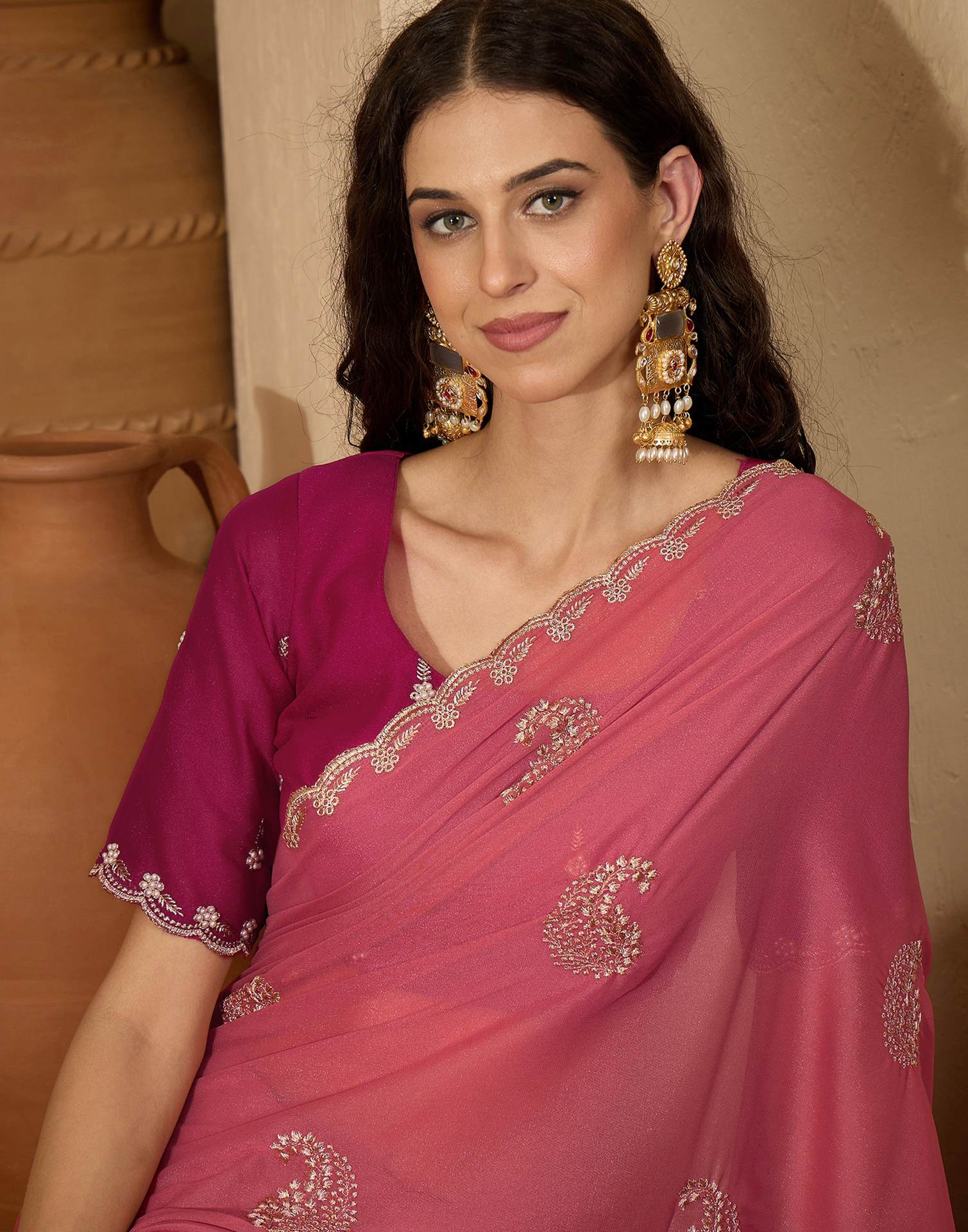 Coral Pink Shimmer Embroidery Saree - Image 2