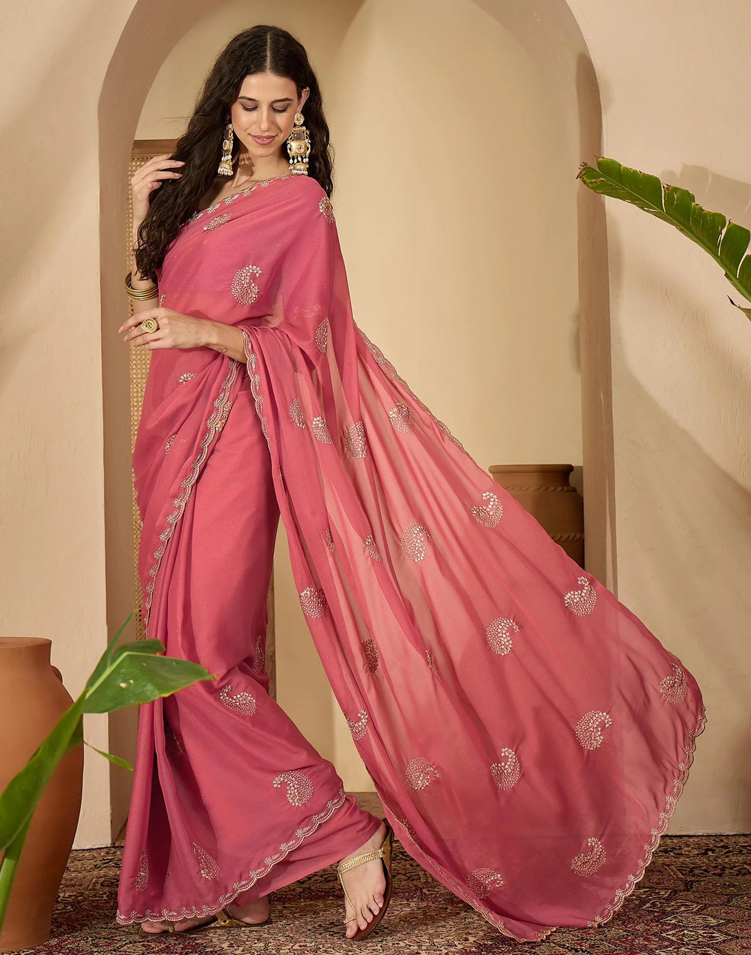 Coral Pink Shimmer Embroidery Saree - Image 5