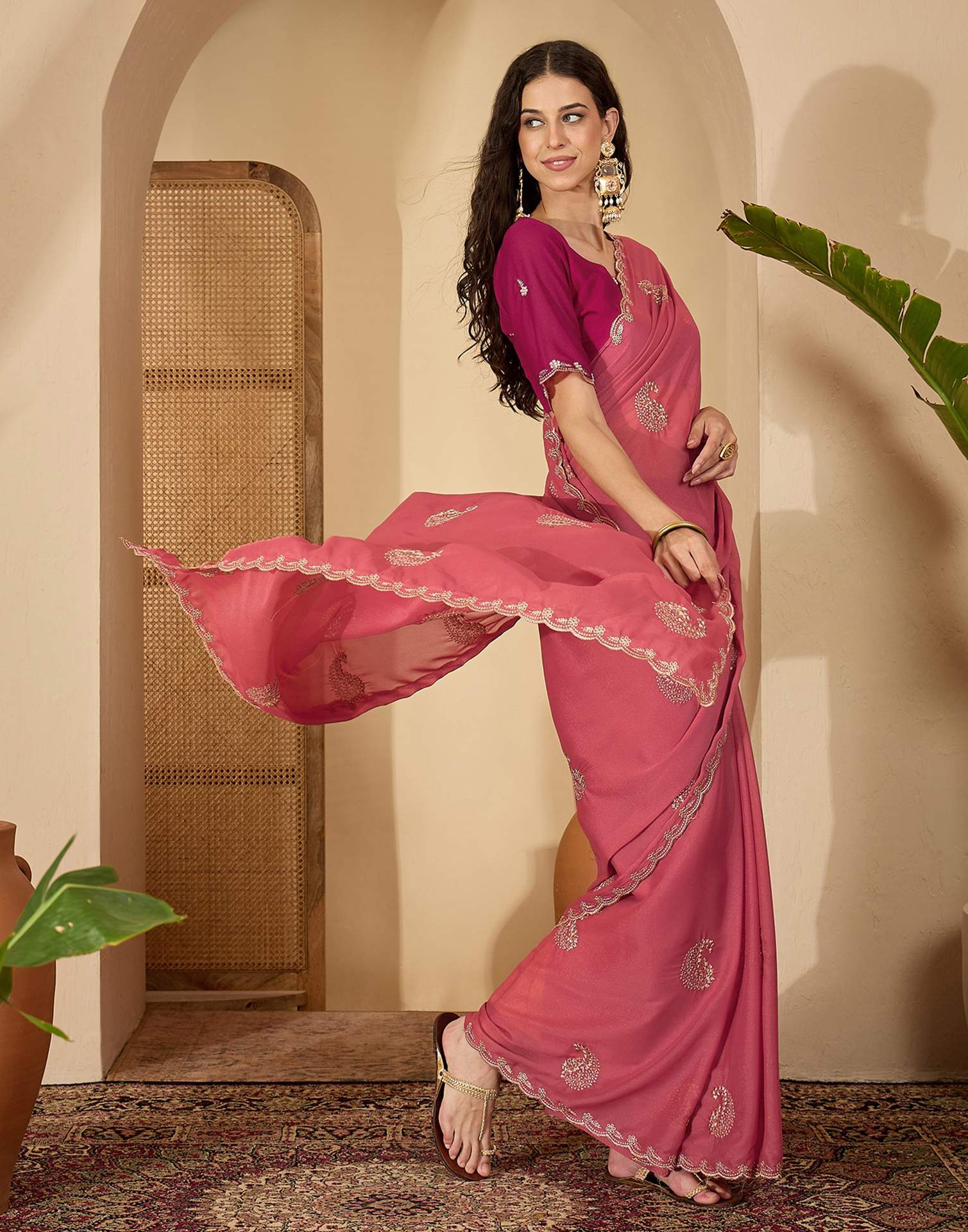 Coral Pink Shimmer Embroidery Saree - Image 6
