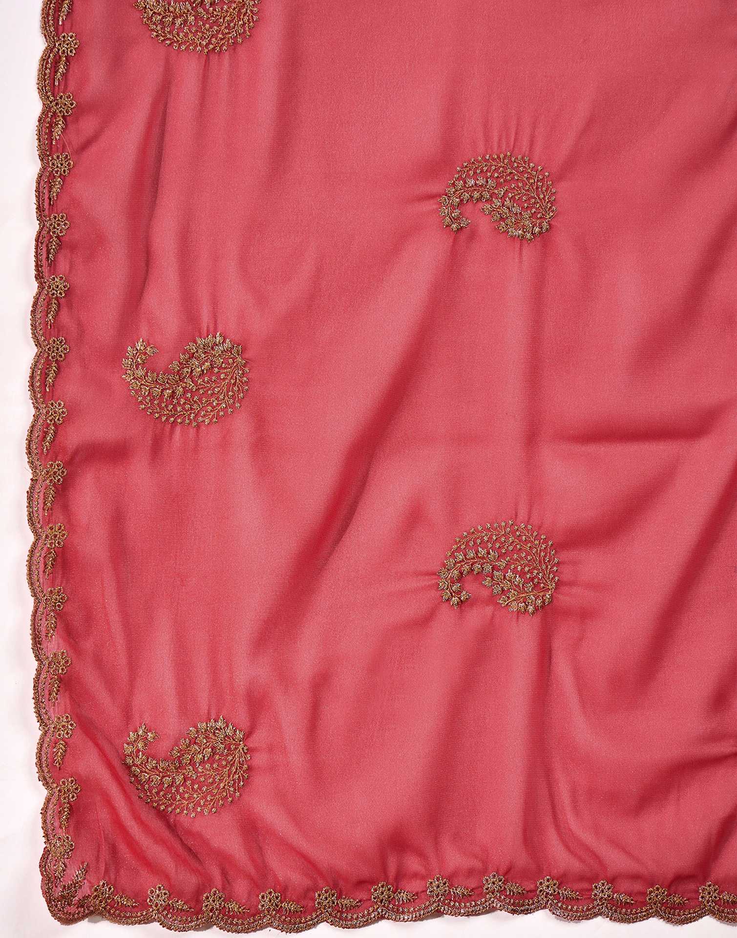 Coral Pink Shimmer Embroidery Saree - Image 8