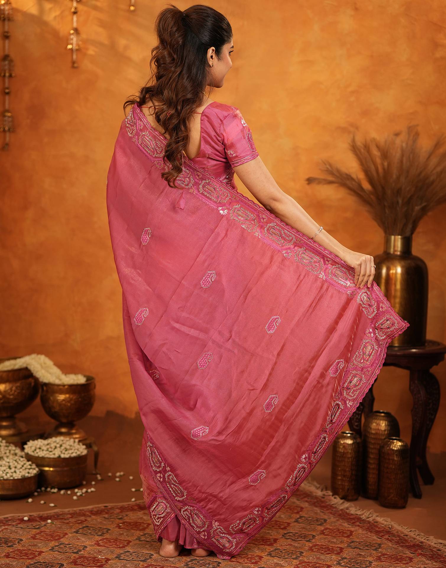 Coral Pink Shimmer Silk Stone Work Embroidery Saree - Image 11
