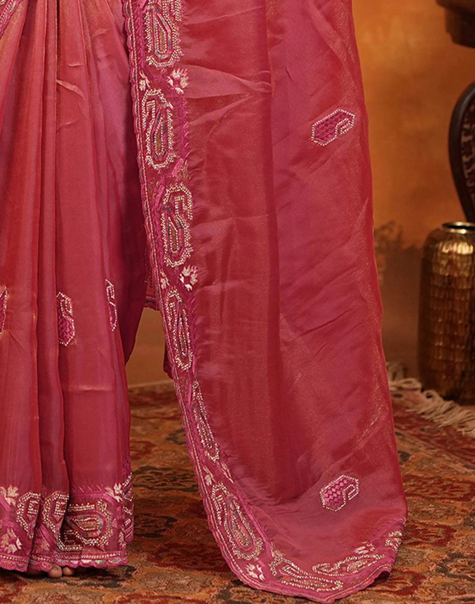 Coral Pink Shimmer Silk Stone Work Embroidery Saree - Image 13