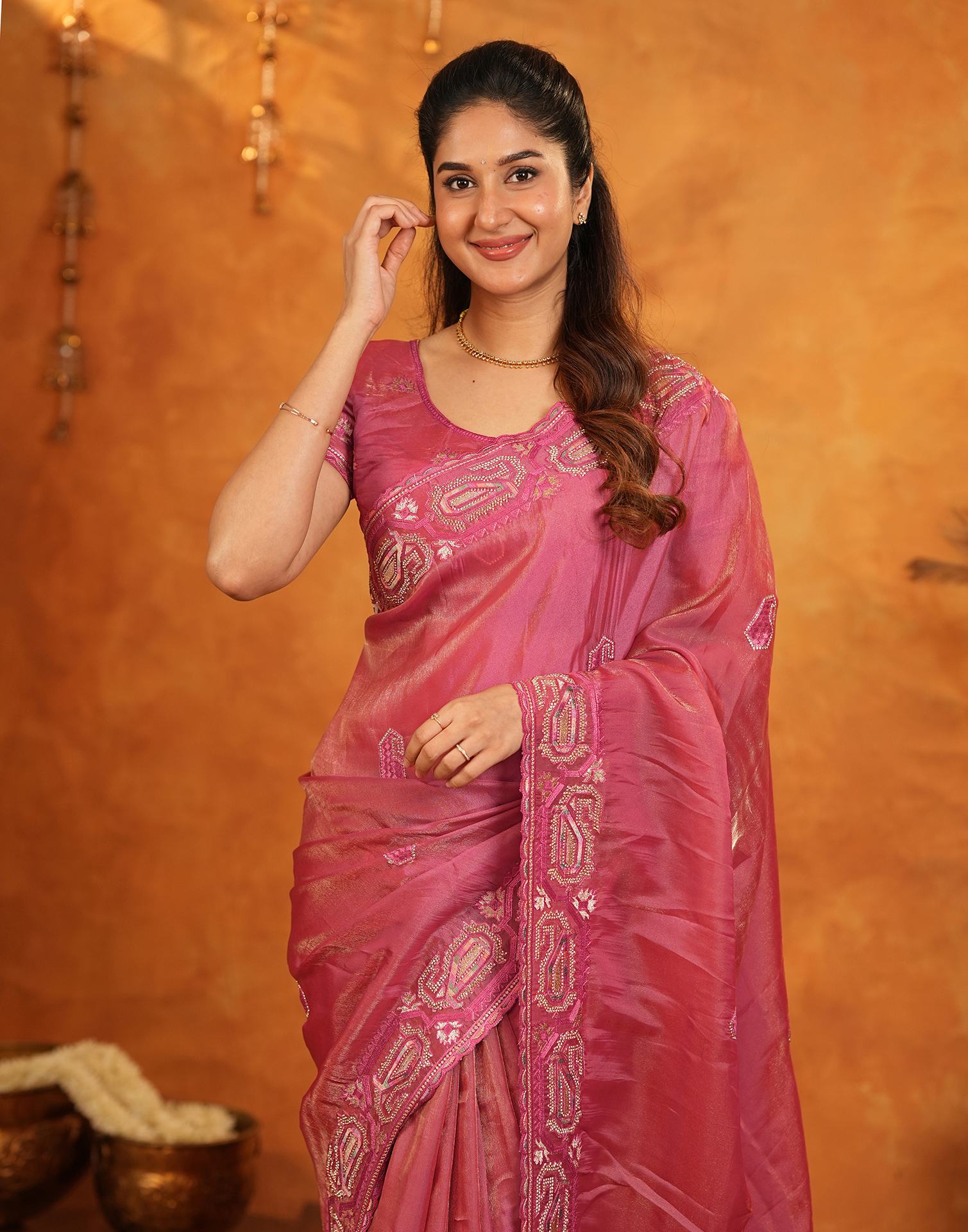 Coral Pink Shimmer Silk Stone Work Embroidery Saree - Image 2