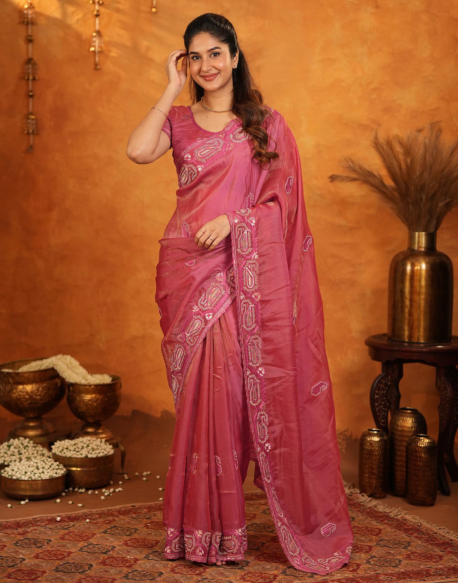 Coral Pink Shimmer Silk Stone Work Embroidery Saree - Image 5