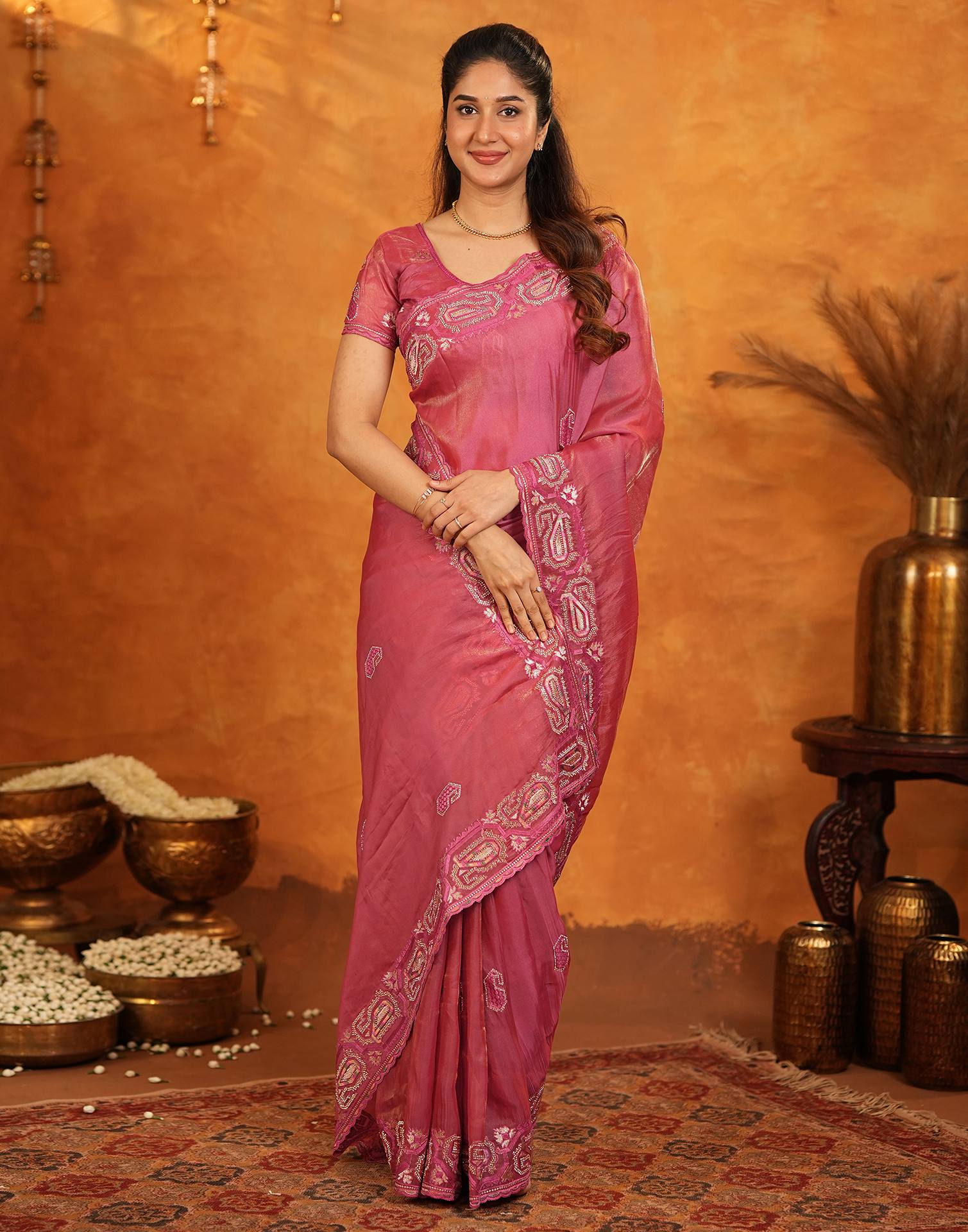 Coral Pink Shimmer Silk Stone Work Embroidery Saree - Image 7