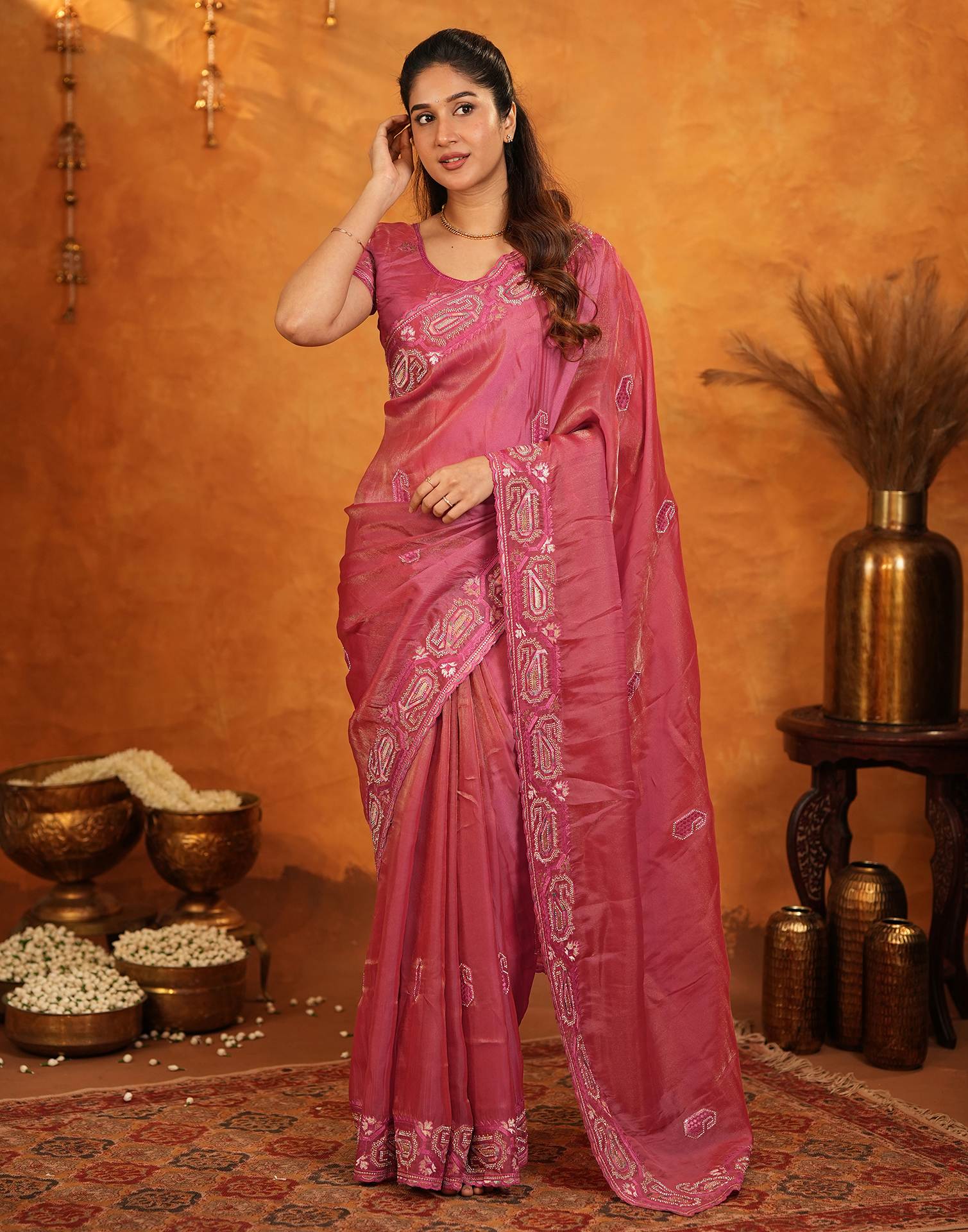 Coral Pink Shimmer Silk Stone Work Embroidery Saree - Image 8
