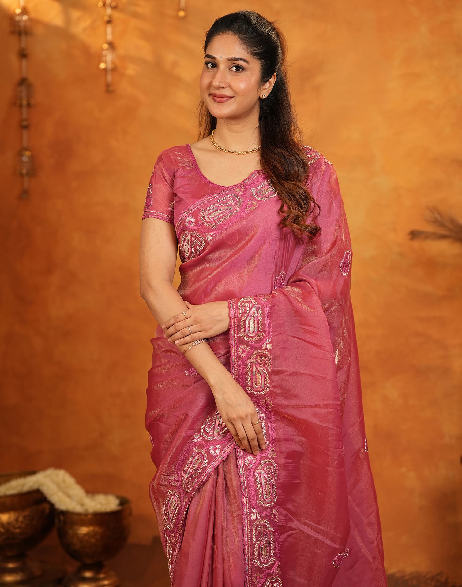 Coral Pink Shimmer Silk Stone Work Embroidery Saree - Image 9