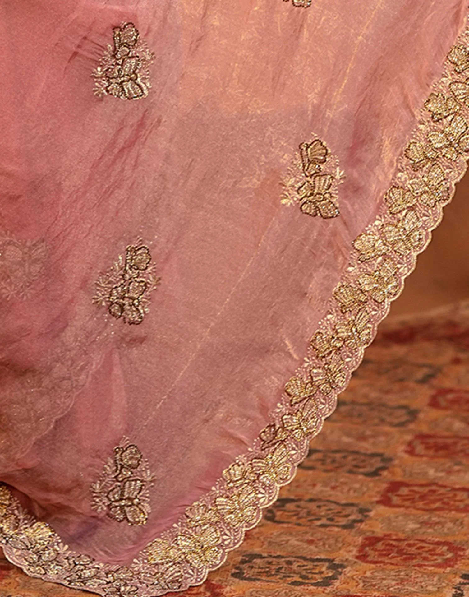Coral Pink Shimmer Silk Stone Work Embroidery Saree - Image 10