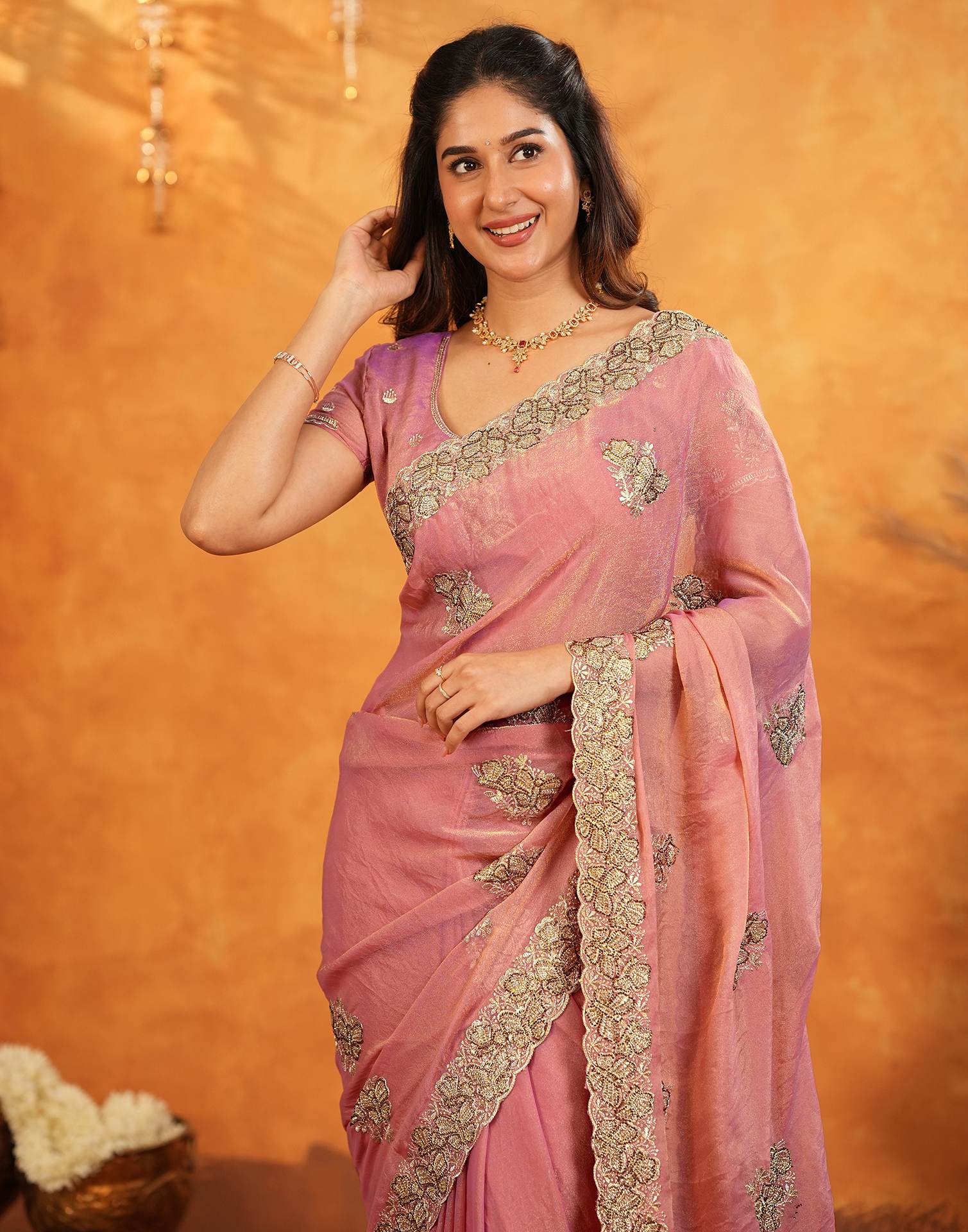 Coral Pink Shimmer Silk Stone Work Embroidery Saree - Image 4