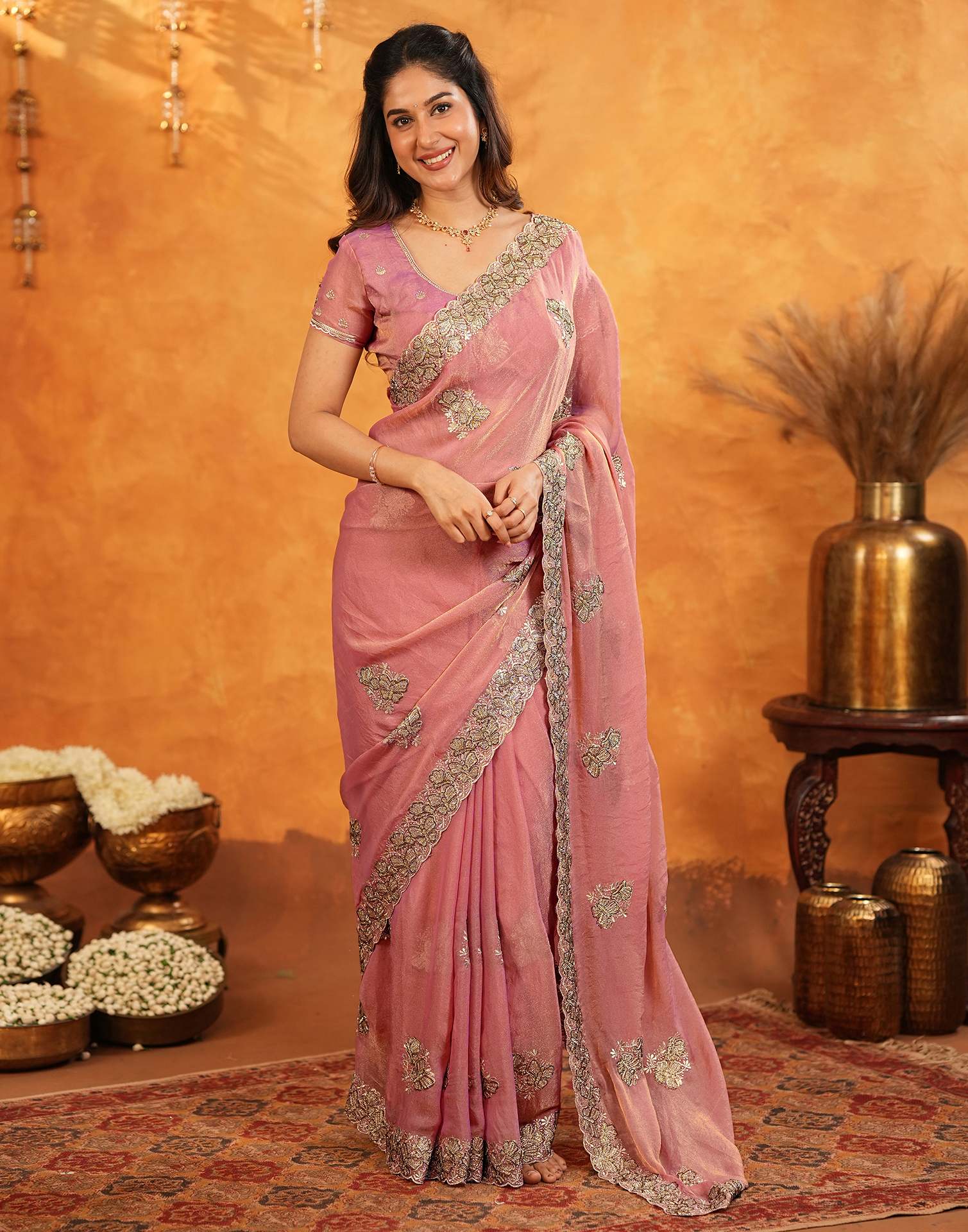 Coral Pink Shimmer Silk Stone Work Embroidery Saree - Image 8