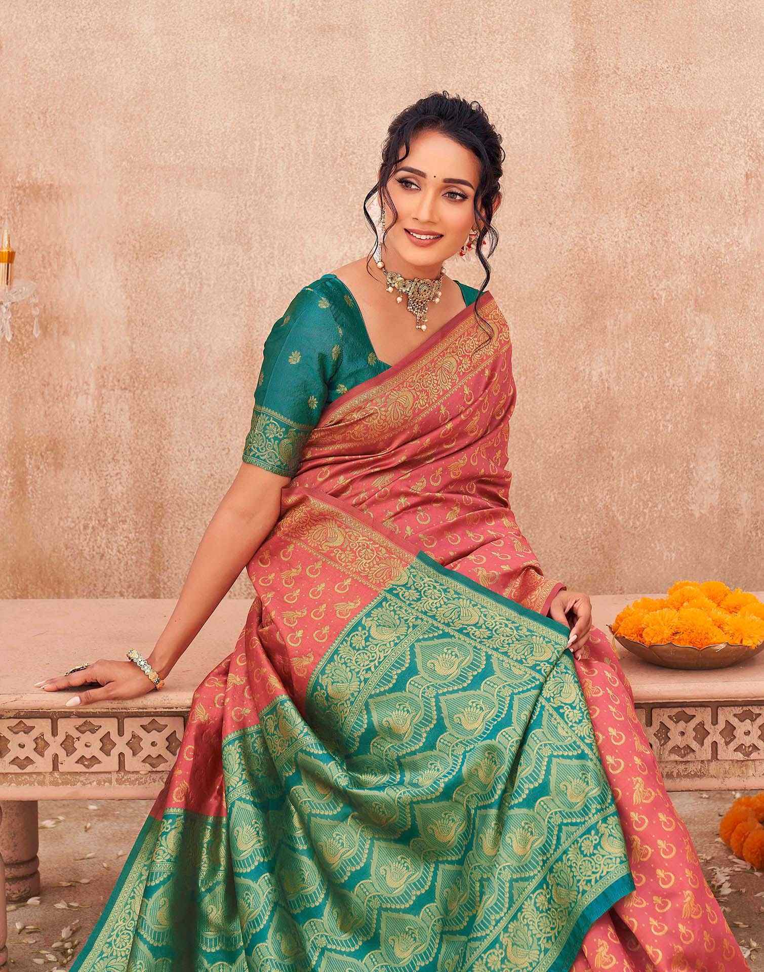 Coral Pink Shimmer Silk Woven Banarasi Saree - Image 2