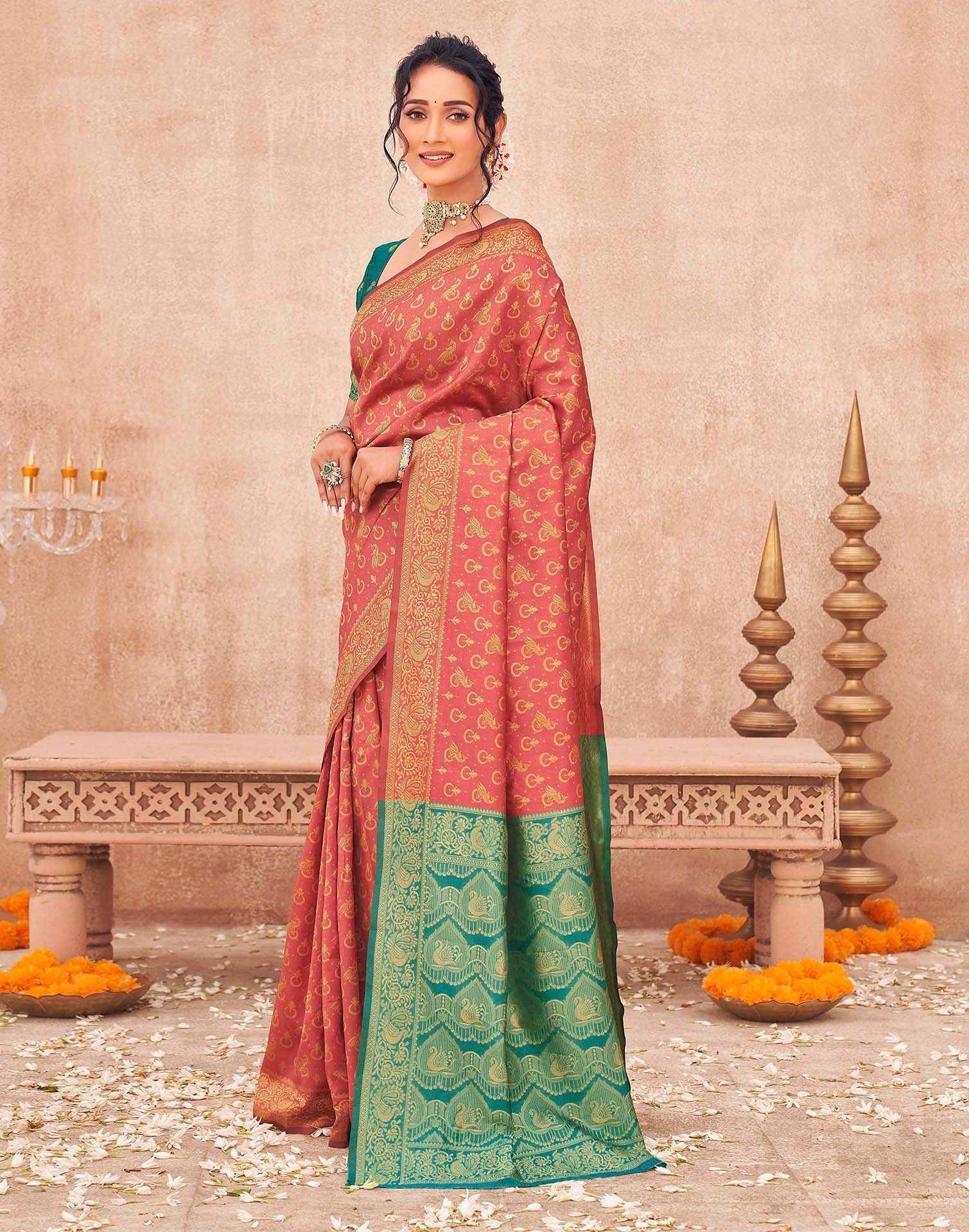 Coral Pink Shimmer Silk Woven Banarasi Saree - Image 5